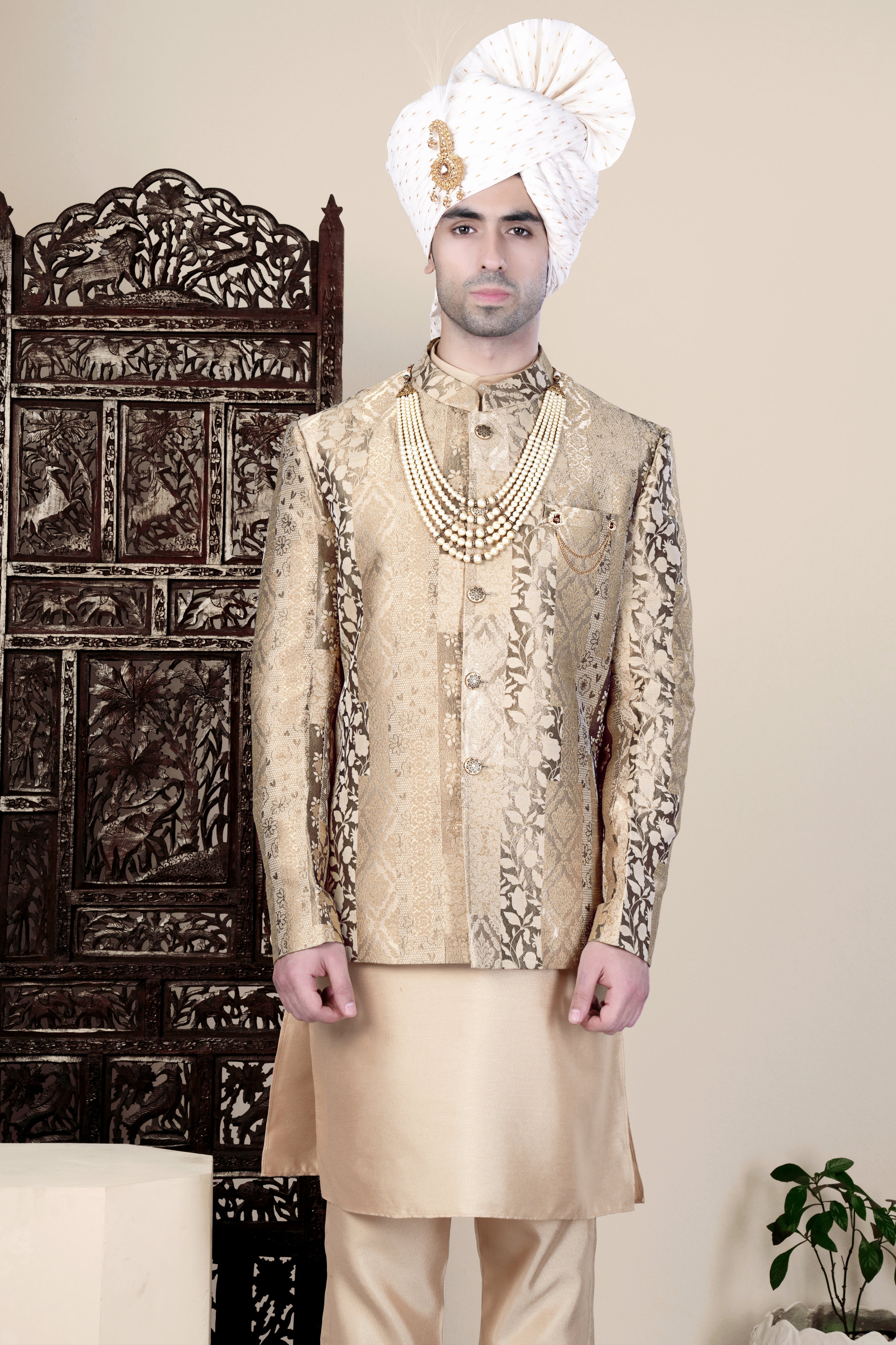 Cashmere and Sandrift Brown Jacquard Floral Weave Jodhpuri