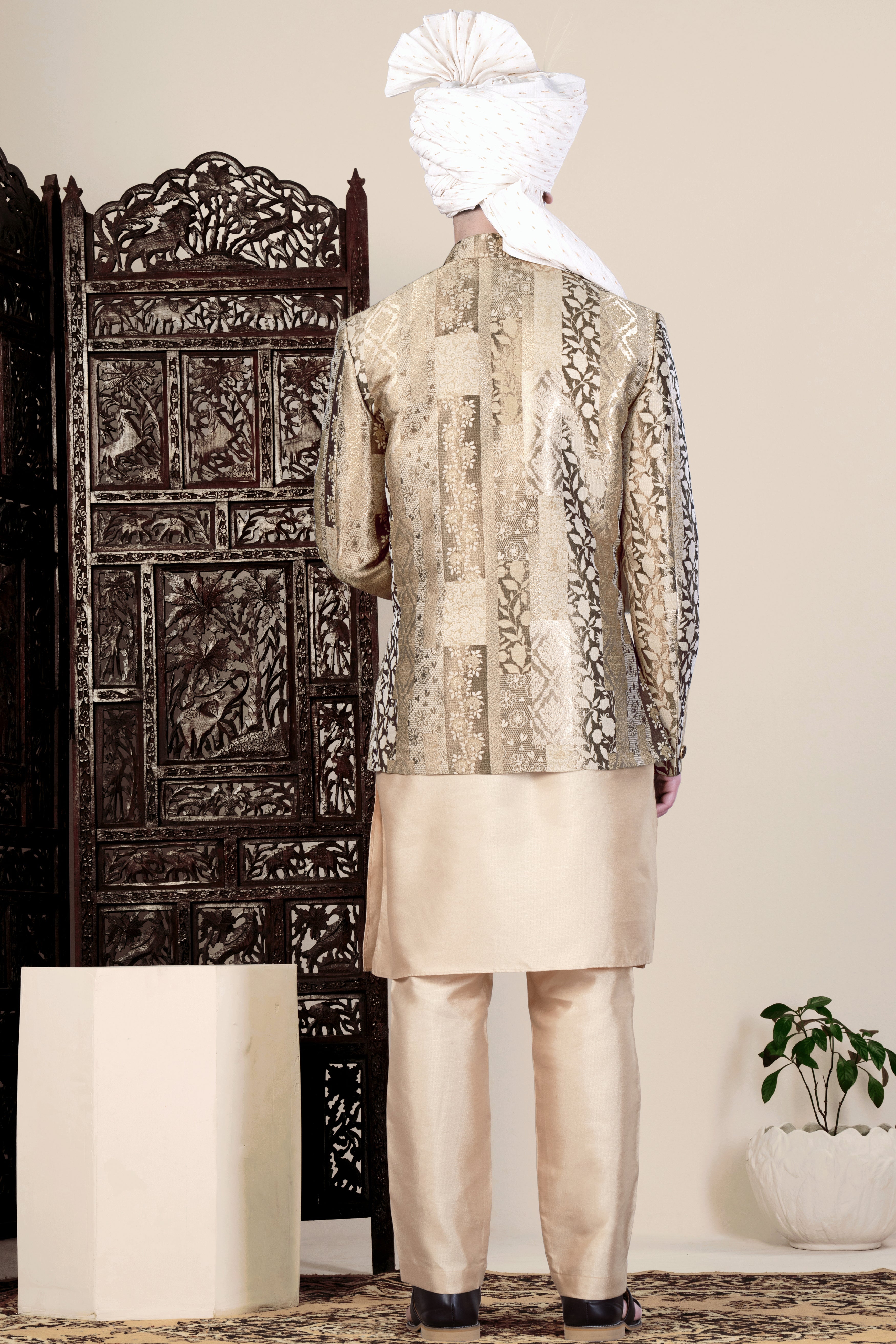 Cashmere and Sandrift Brown Jacquard Floral Weave Jodhpuri Set