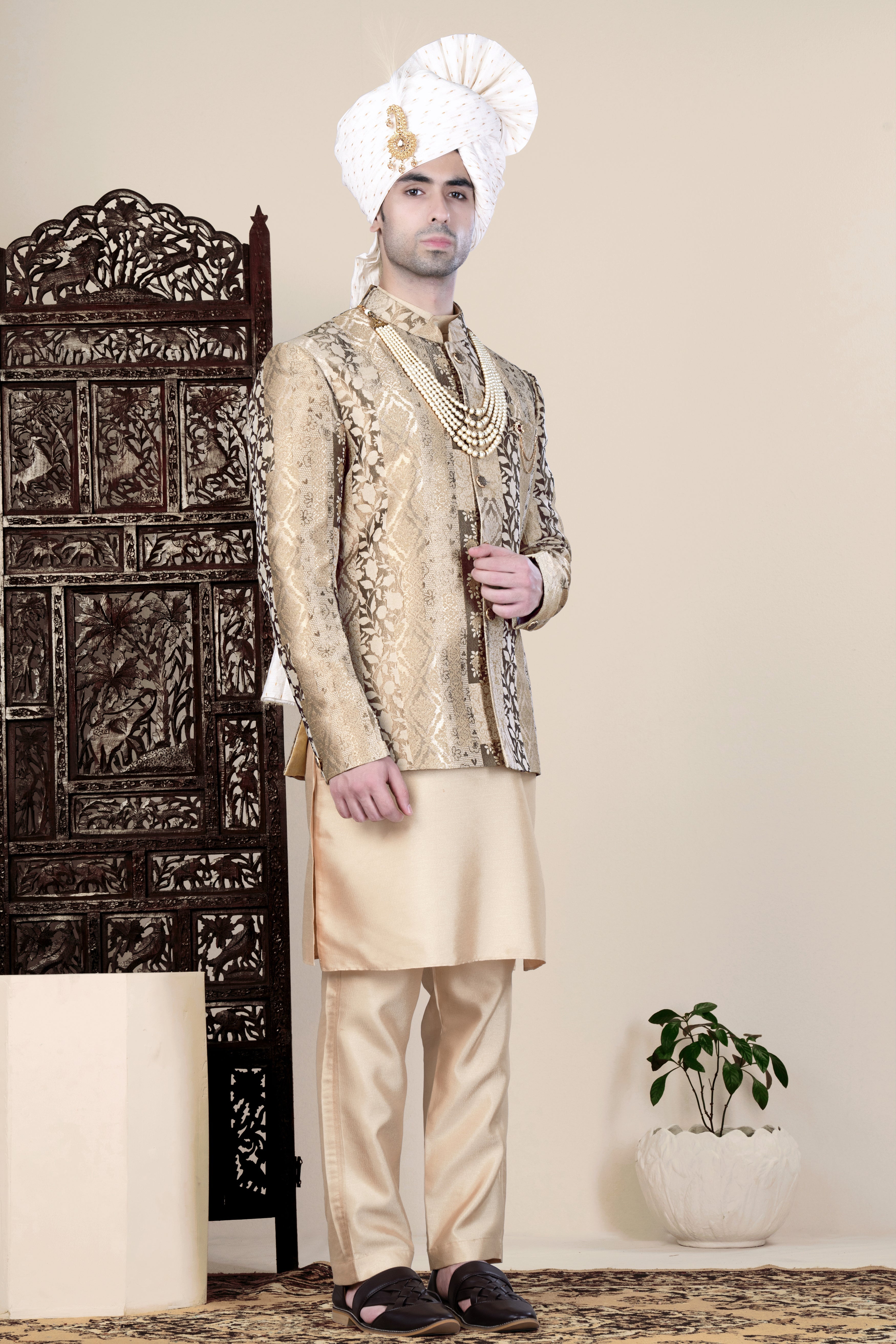 Cashmere and Sandrift Brown Jacquard Floral Weave Jodhpuri Set