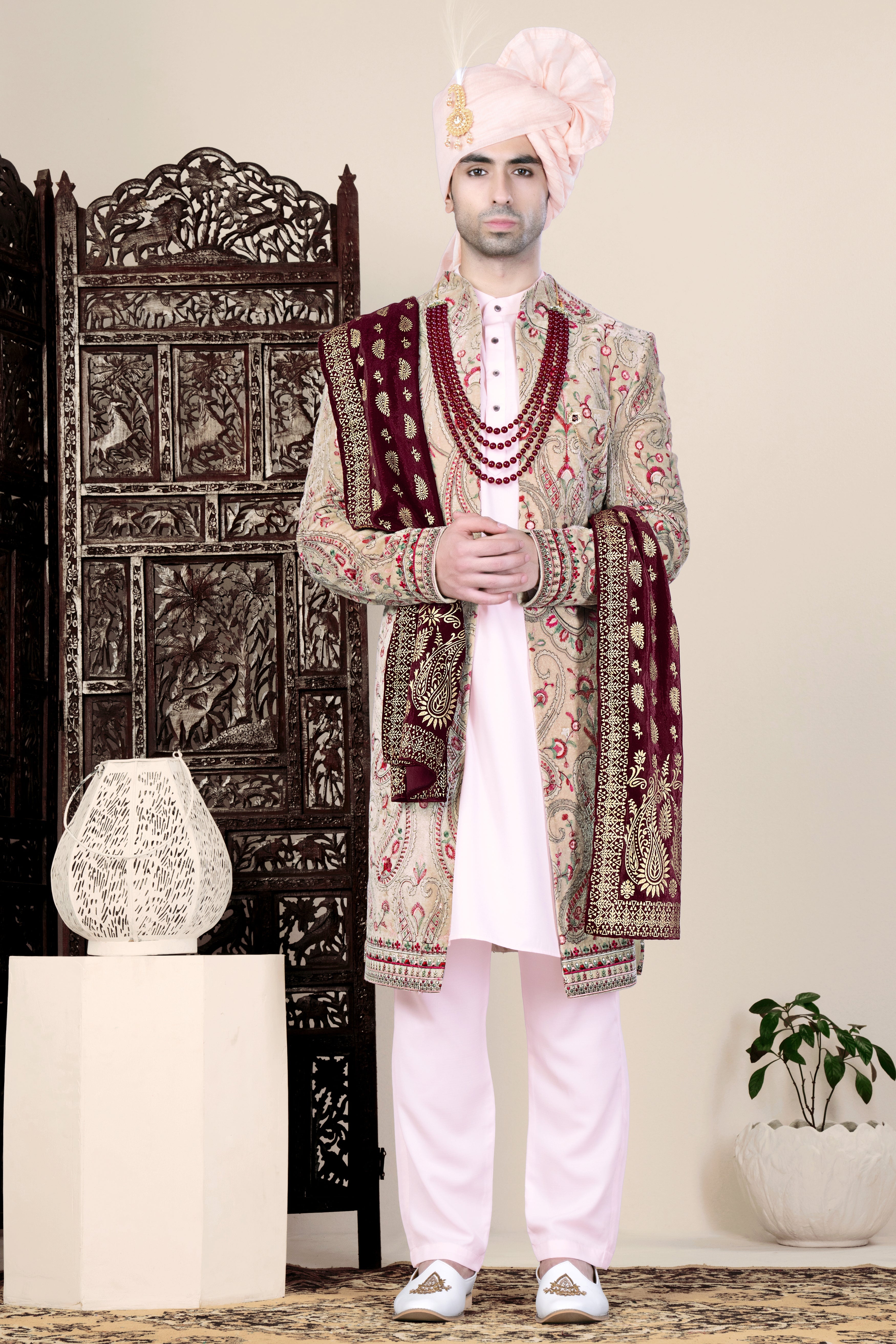 Bisque Brown and Cardinal Pink Floral Thread Embroidered Indo-Western Sherwani