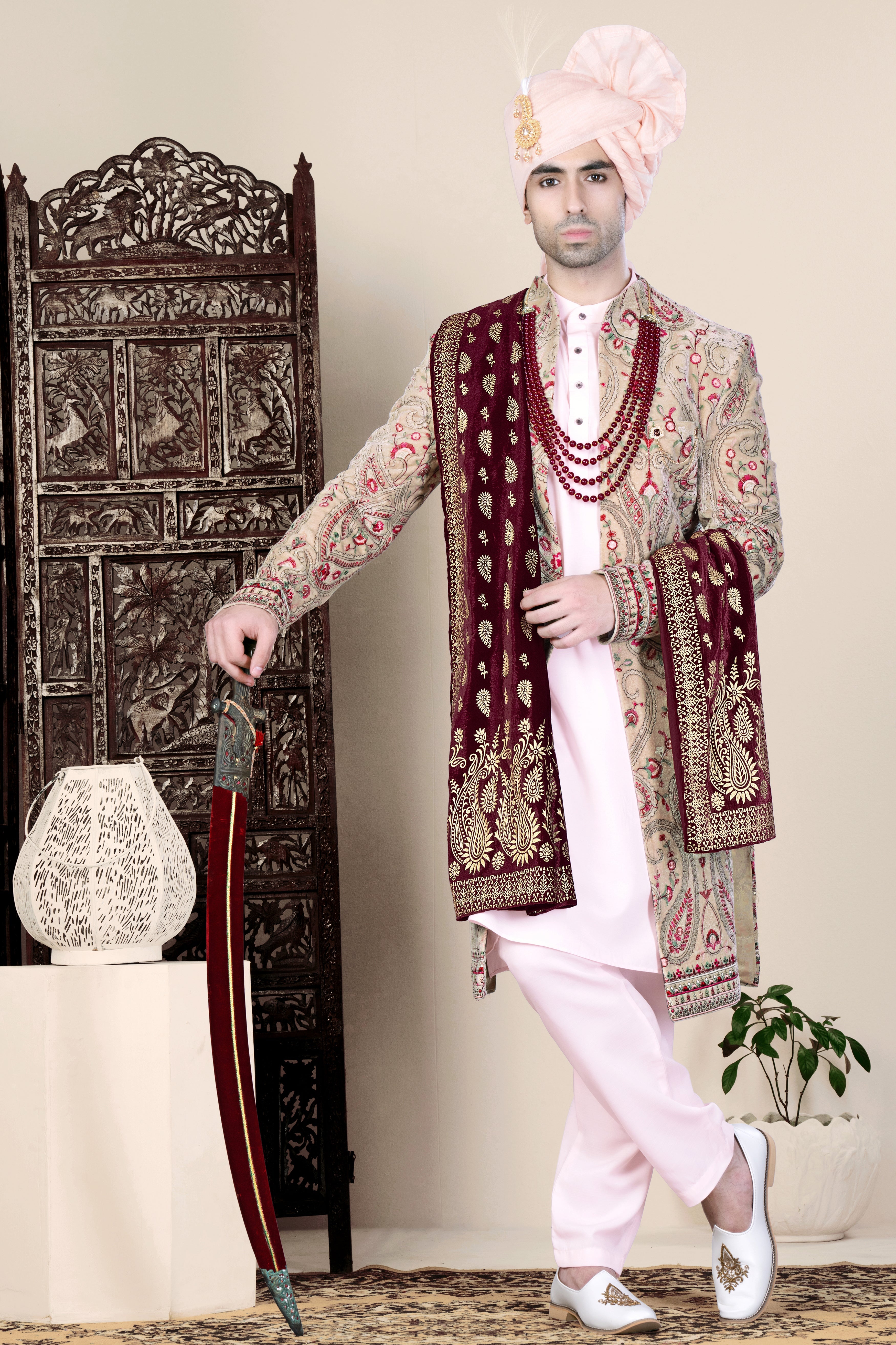 Bisque Brown and Cardinal Pink Floral Thread Embroidered Indo-Western Sherwani