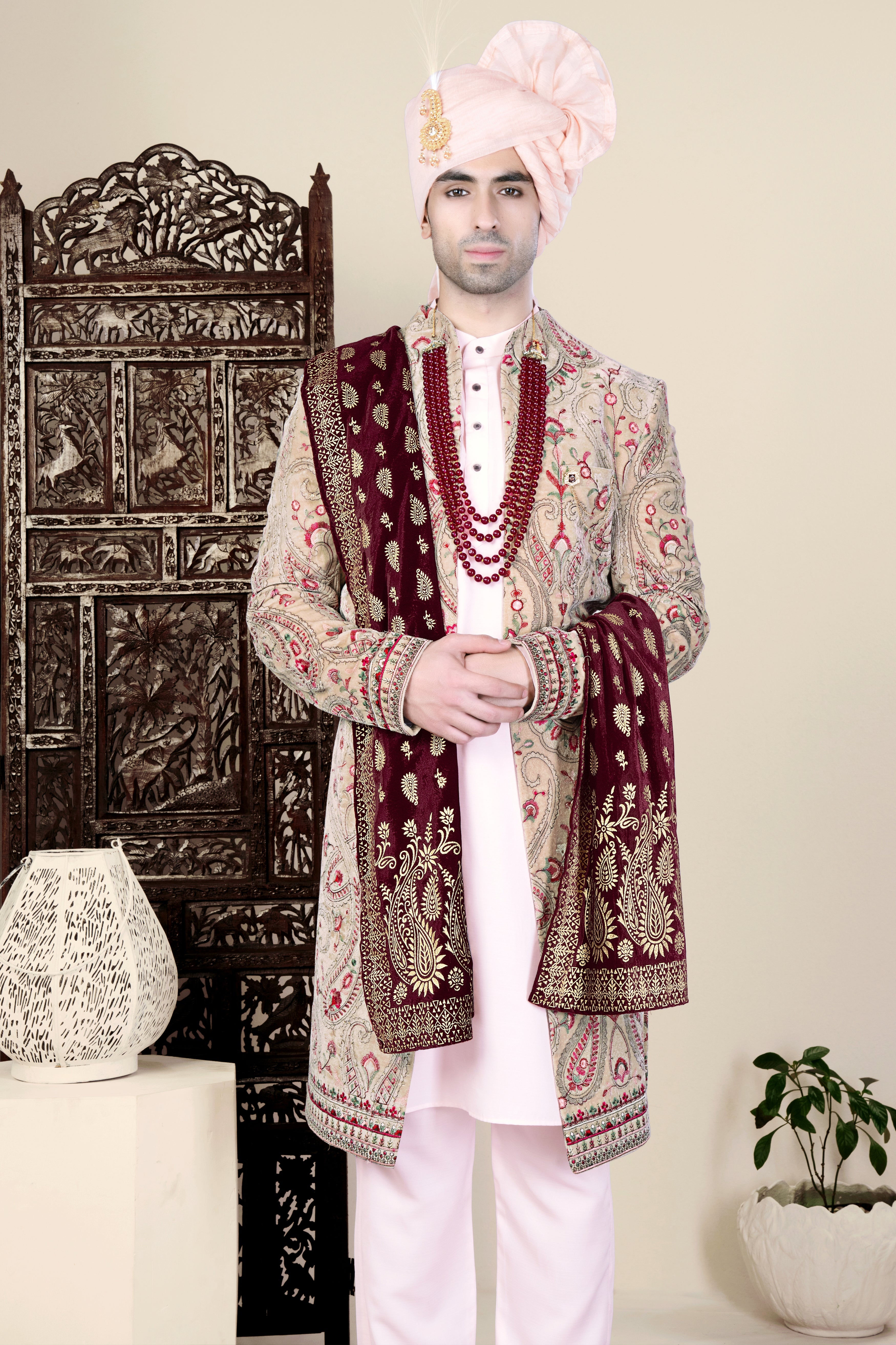 Bisque Brown and Cardinal Pink Floral Thread Embroidered Indo-Western Sherwani