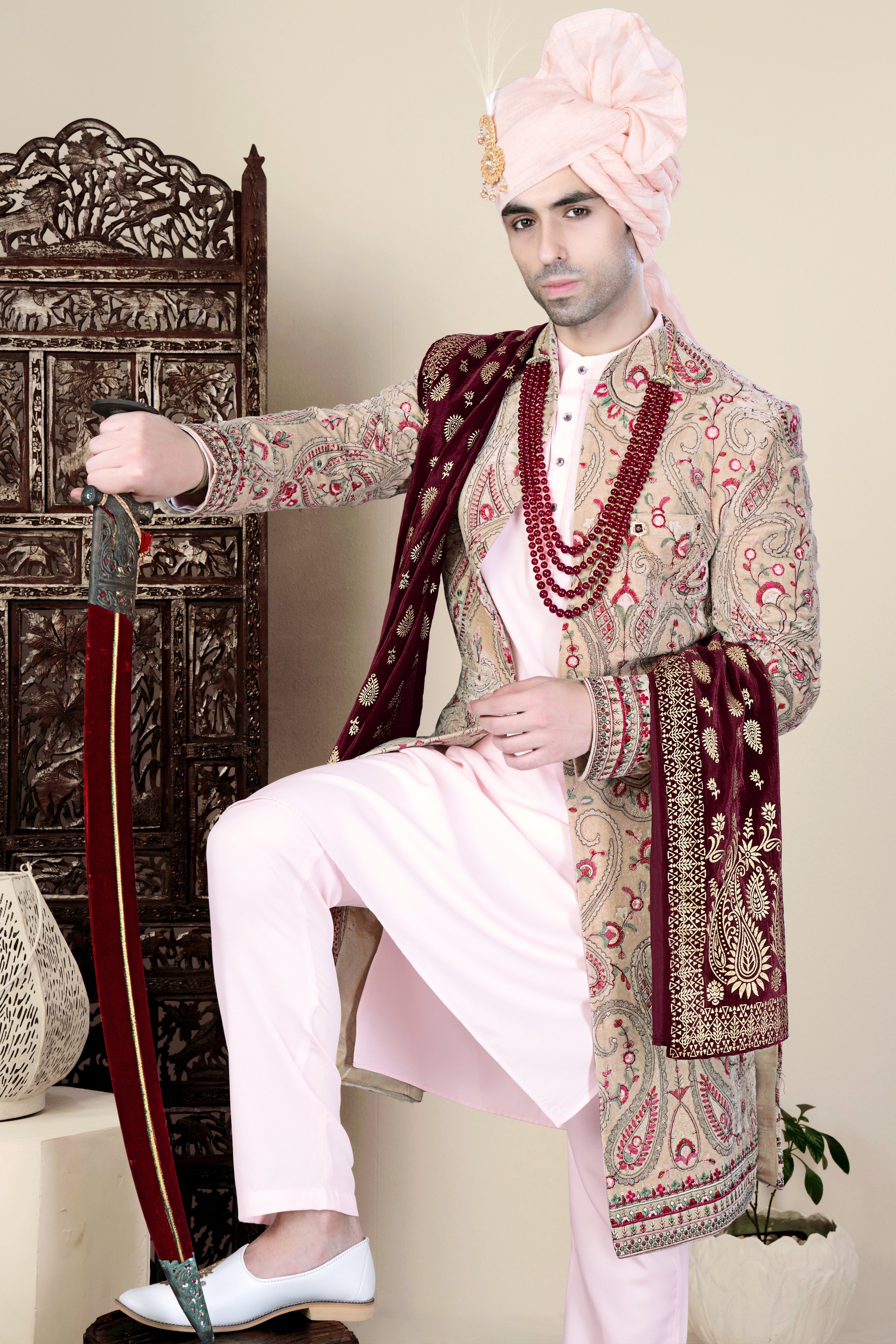 Bisque Brown and Cardinal Pink Floral Thread Embroidered Indo-Western Sherwani