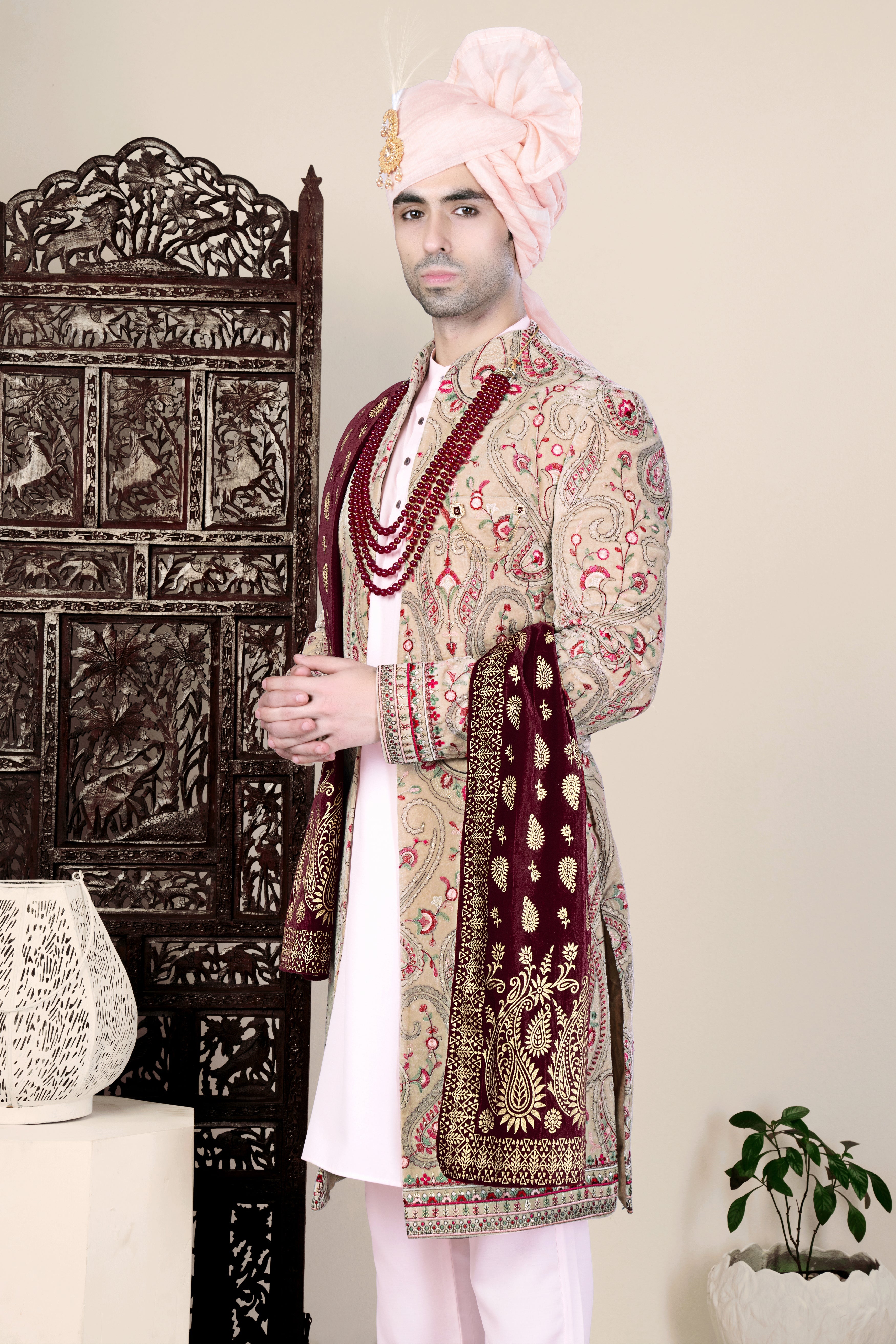 Bisque Brown and Cardinal Pink Floral Thread Embroidered Indo-Western Sherwani