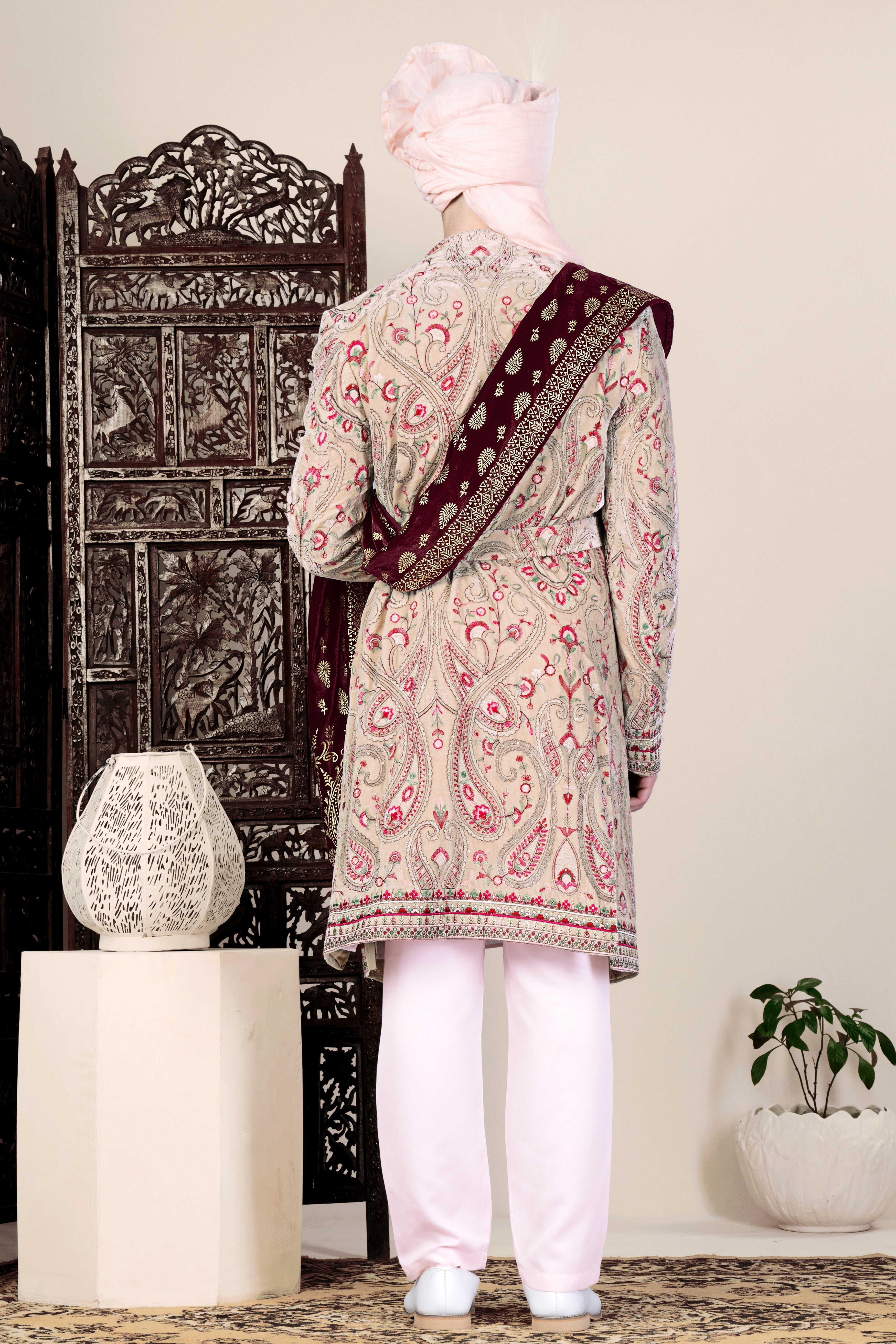 Bisque Brown and Cardinal Pink Floral Thread Embroidered Indo-Western Sherwani