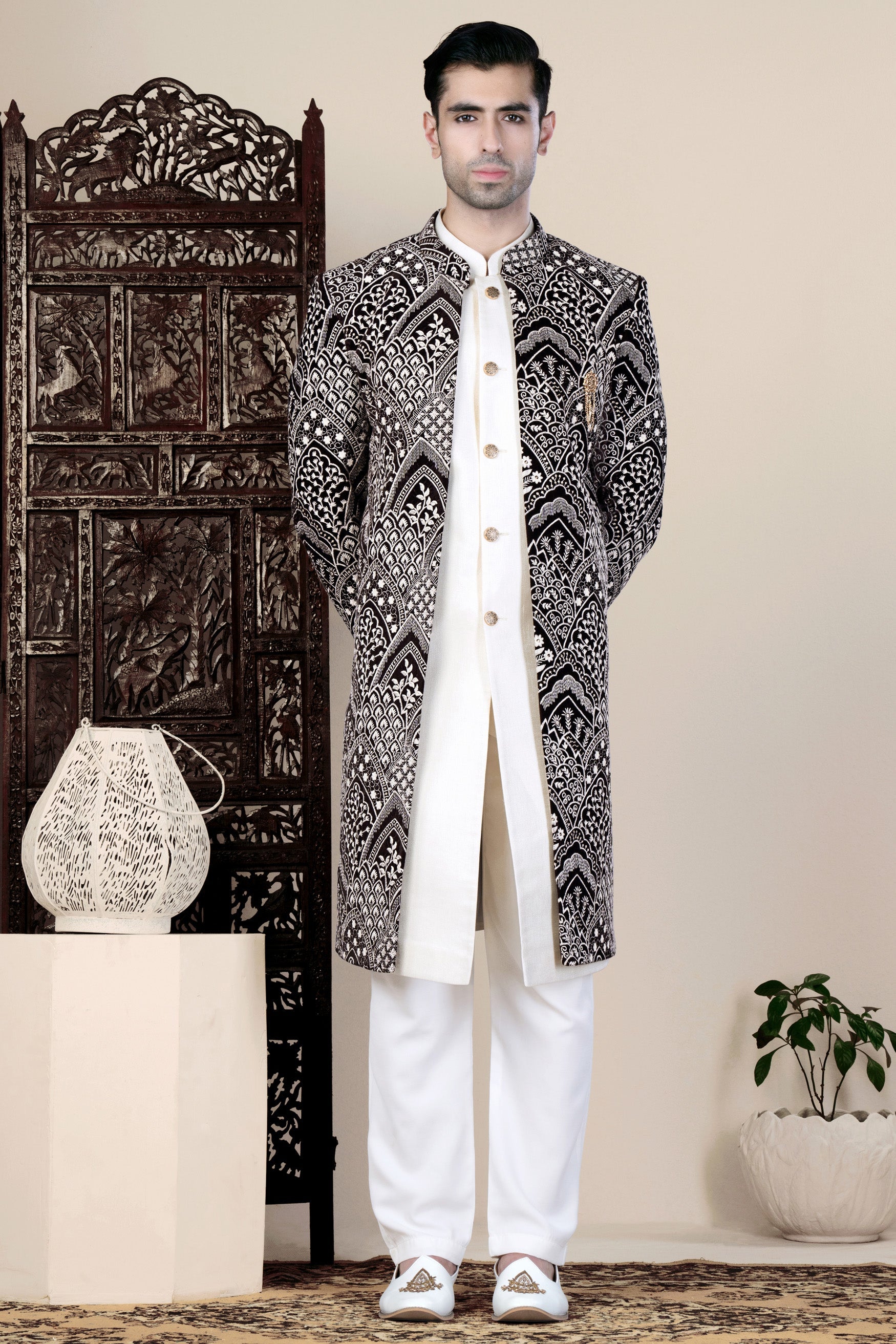 Jade Black and White Floral Thread Embroidered Indo-Western