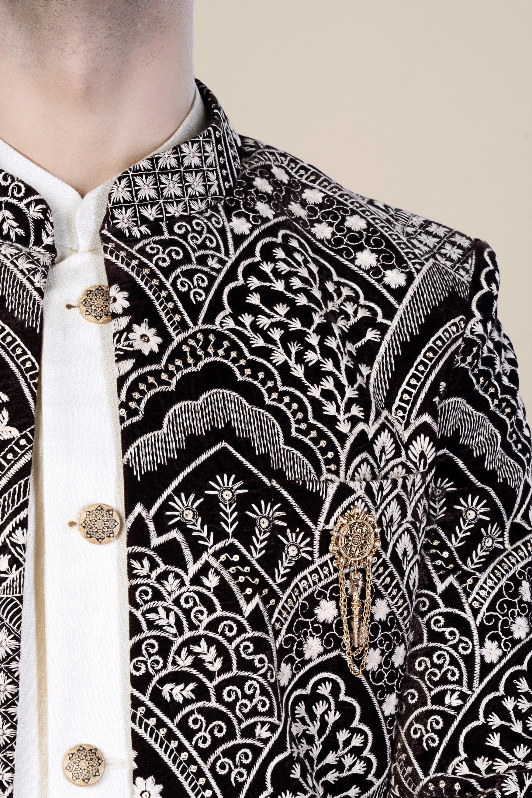 Jade Black and White Floral Thread Embroidered Indo-Western