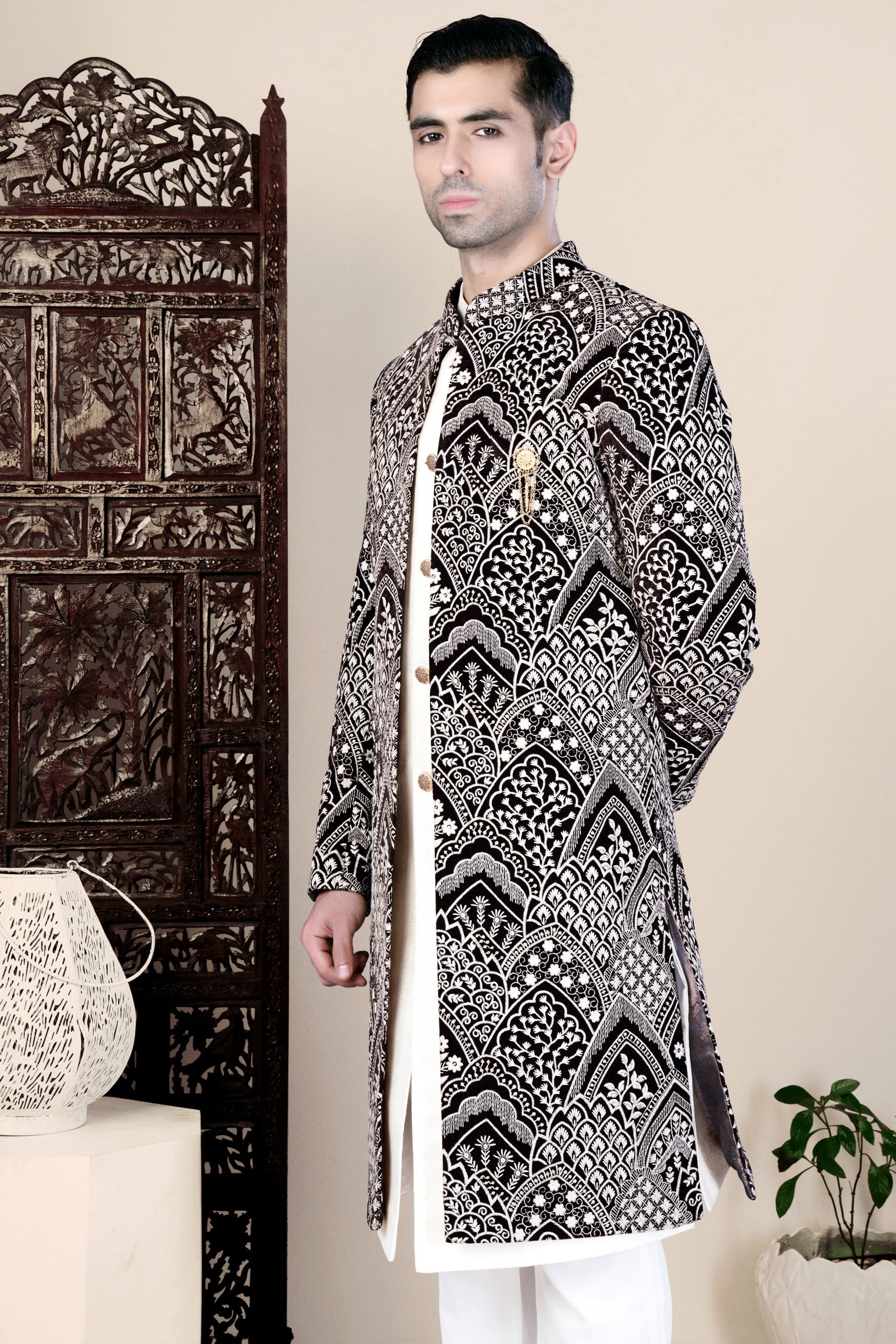 Jade Black and White Floral Thread Embroidered Indo-Western