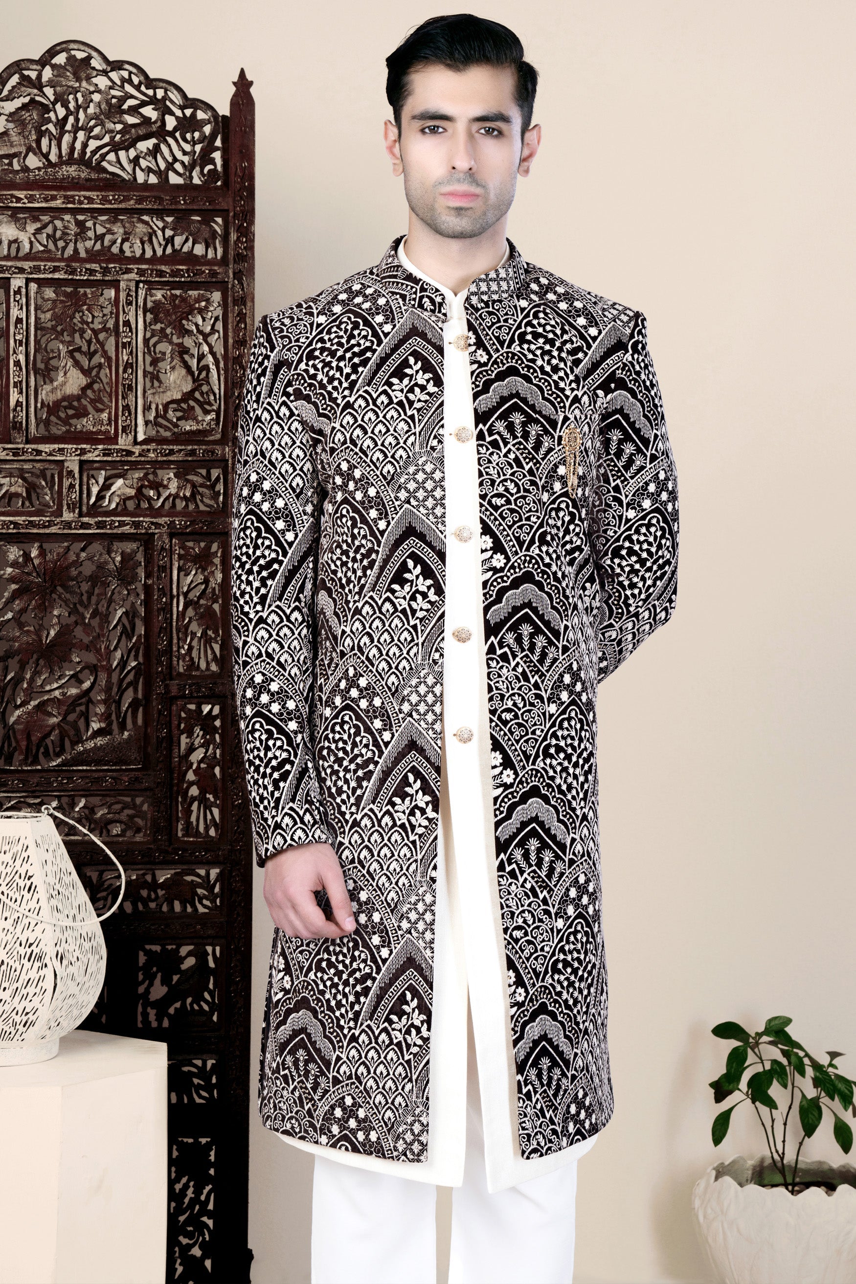 Jade Black and White Floral Thread Embroidered Indo-Western