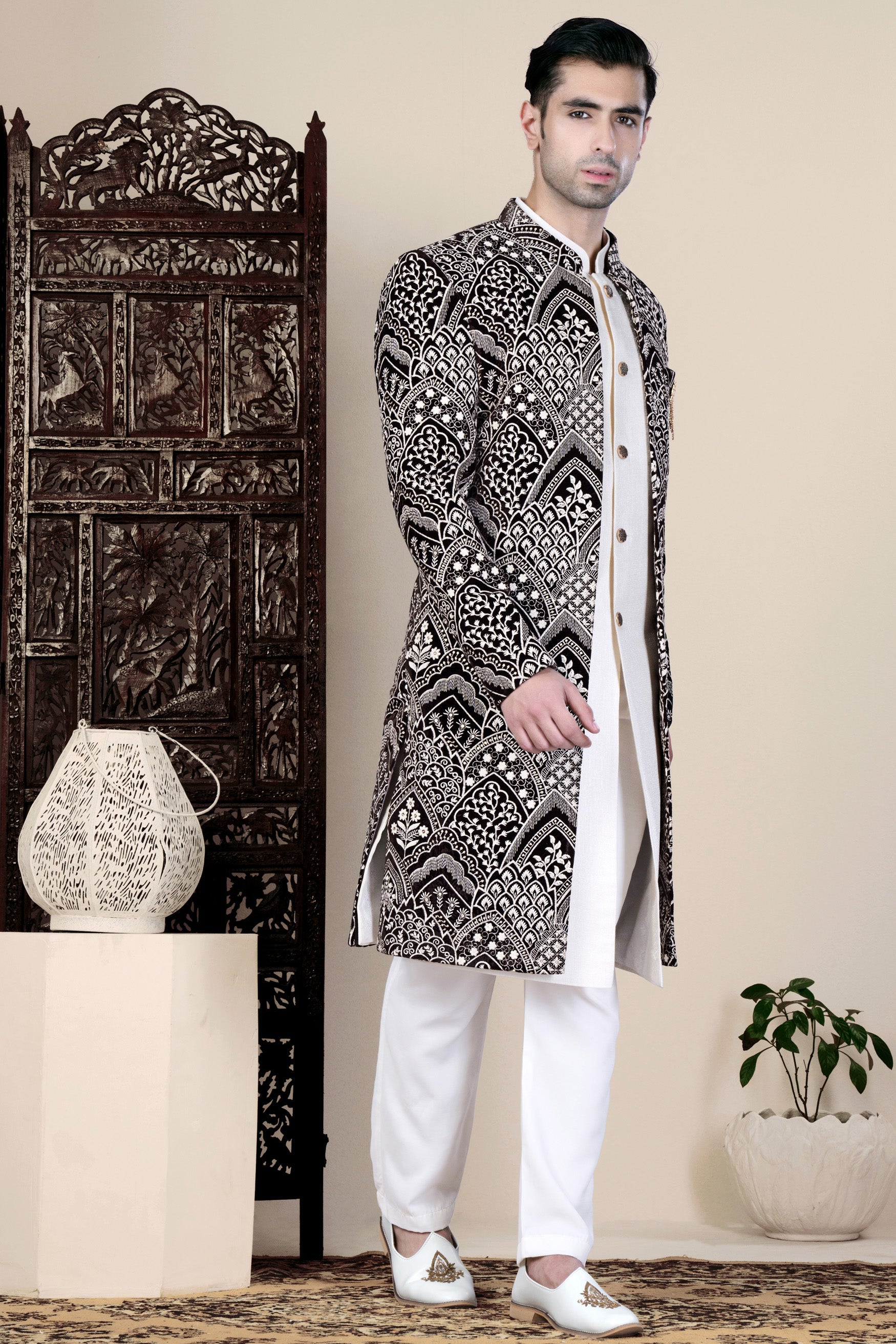 Jade Black and White Floral Thread Embroidered Indo-Western