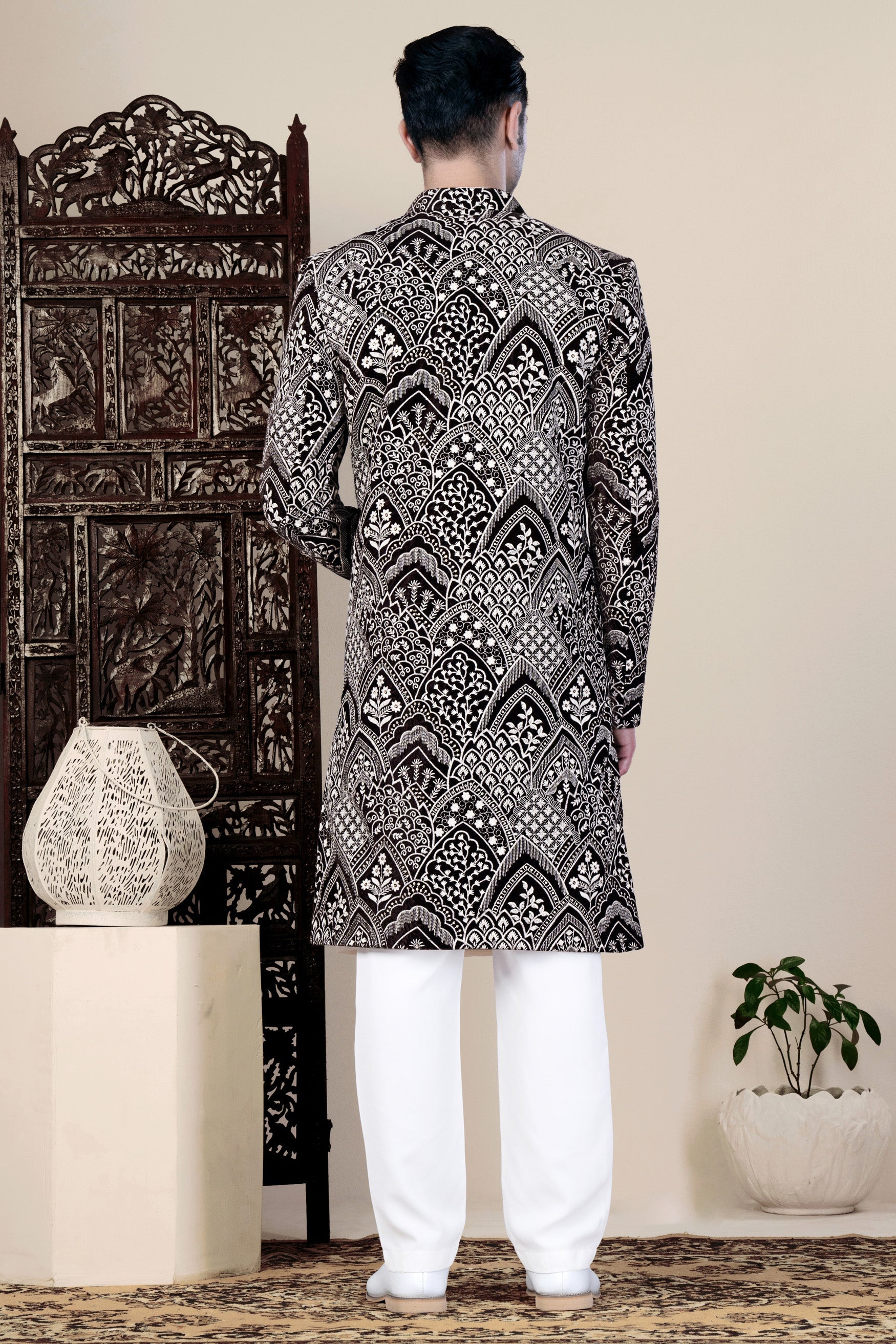 Jade Black and White Floral Thread Embroidered Indo-Western