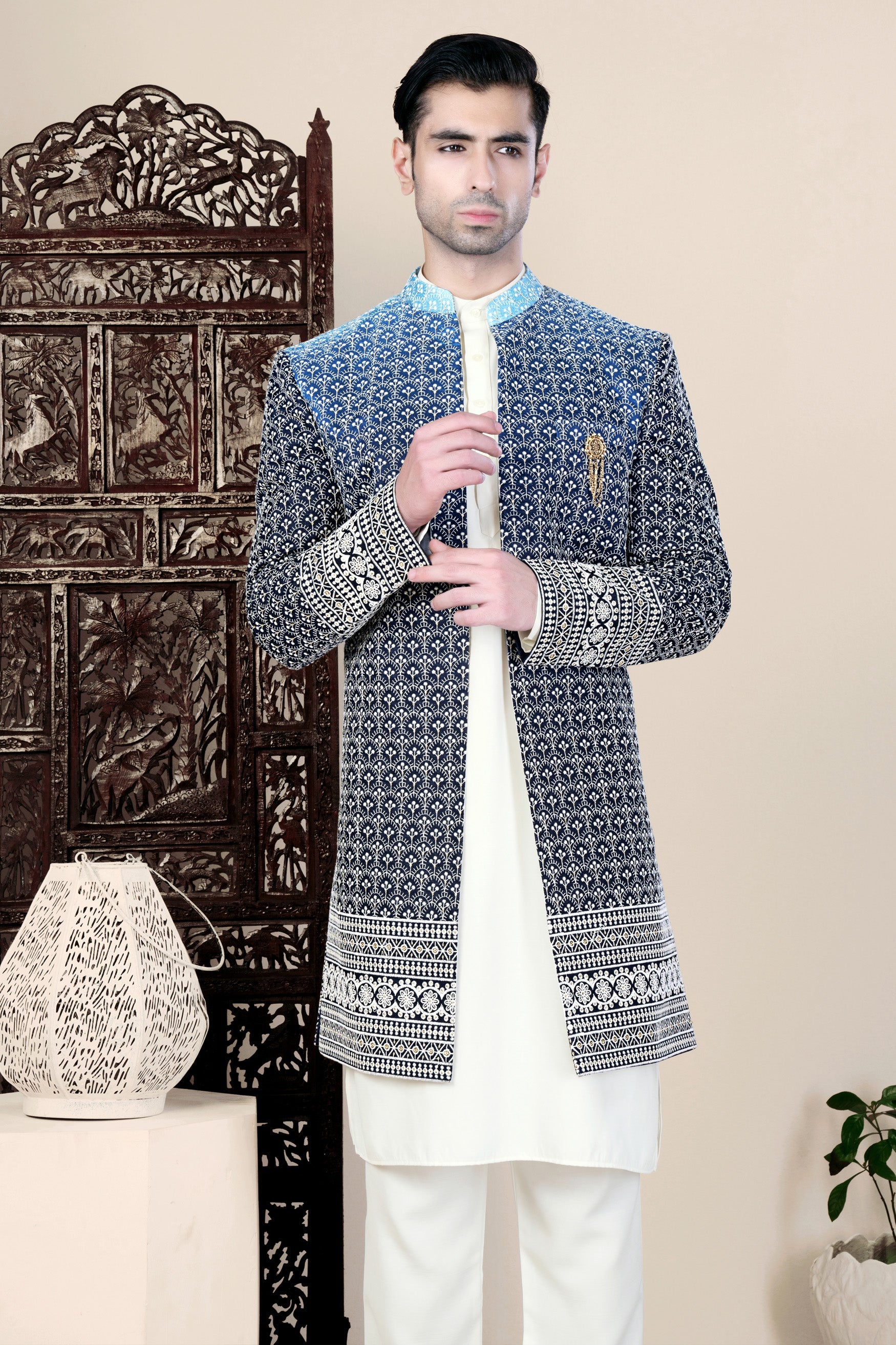 Cloud Blue and White Thread Embroidered Indo-Western