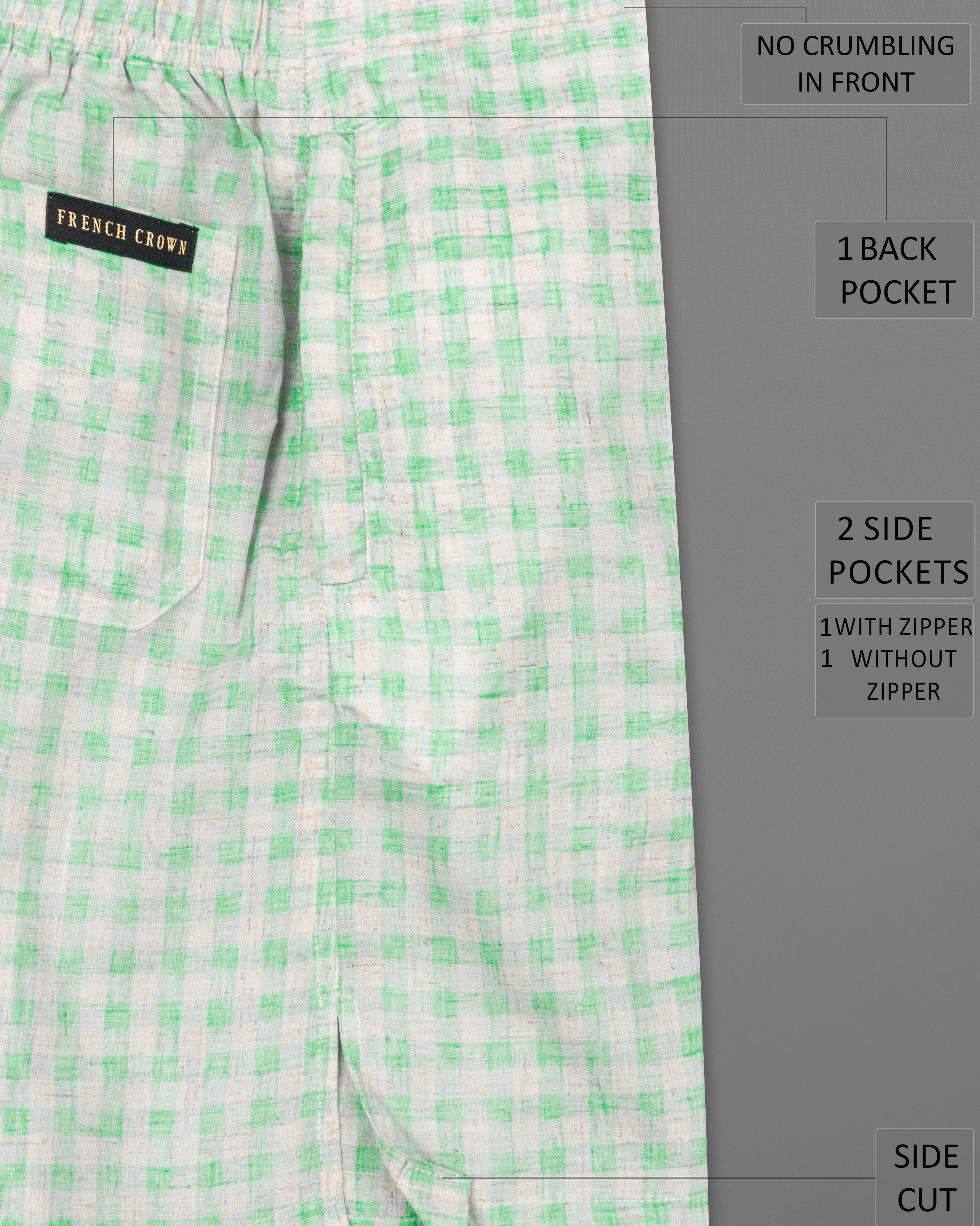 Turquoise Green and Mercury Gray Checkered Luxurious Linen Shorts SR210-28, SR210-30, SR210-32, SR210-34, SR210-36, SR210-38, SR210-40, SR210-42, SR210-44