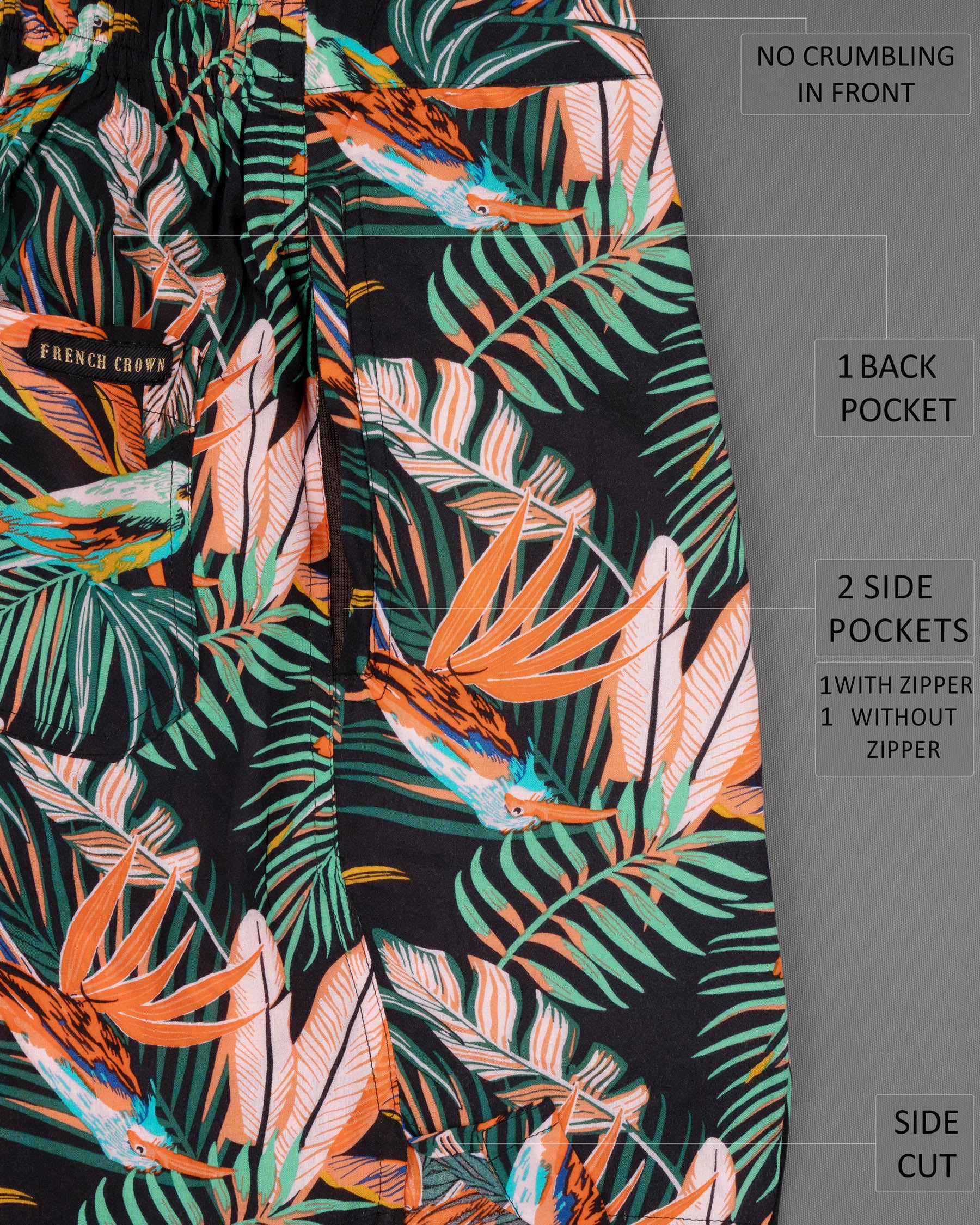 Jade Black Tropical Printed Premium Tencel Shorts SR137-28, SR137-30, SR137-32, SR137-34, SR137-36, SR137-38, SR137-40, SR137-42, SR137-44