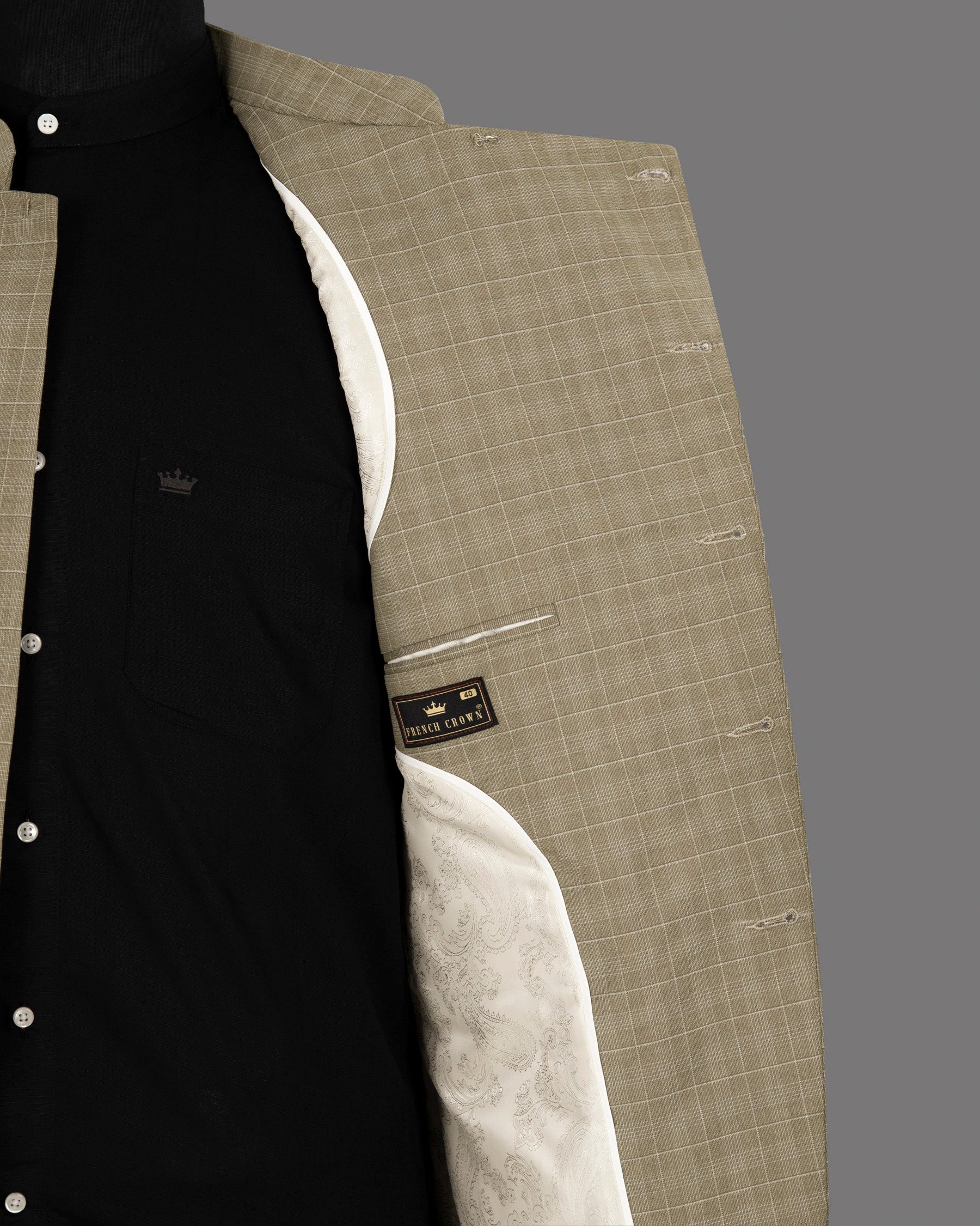 Arrowtown Brown Plaid Cross Placket Bandhgala/Mandarin suit