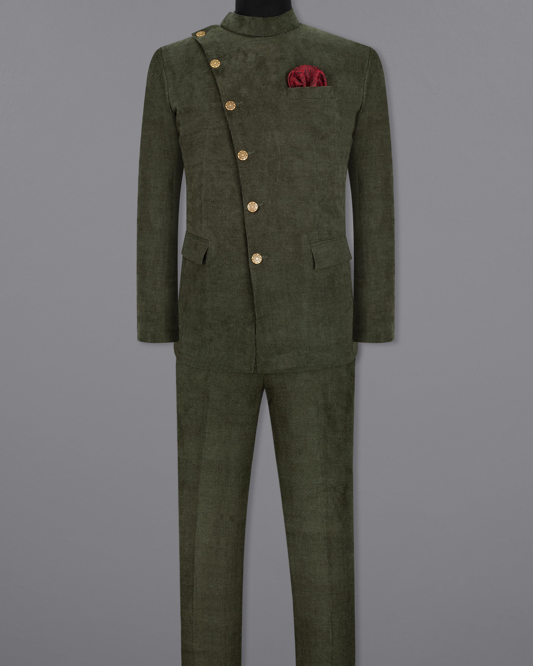 Merlin Green Cross Placket Bandhgala/Mandarin Corduroy Premium Cotton Suit