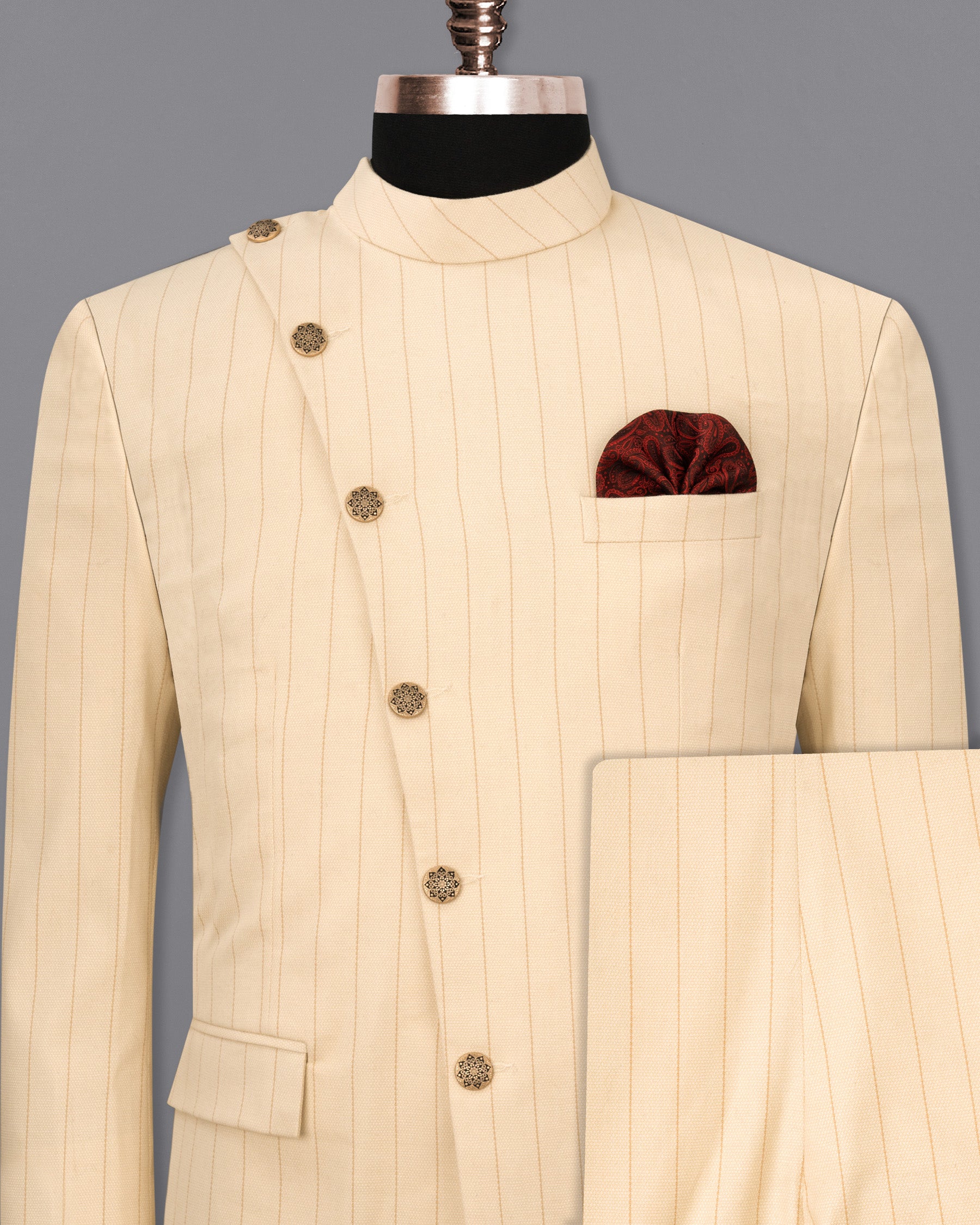 Light Apricot Striped Cross Placket Bandhgala Suit