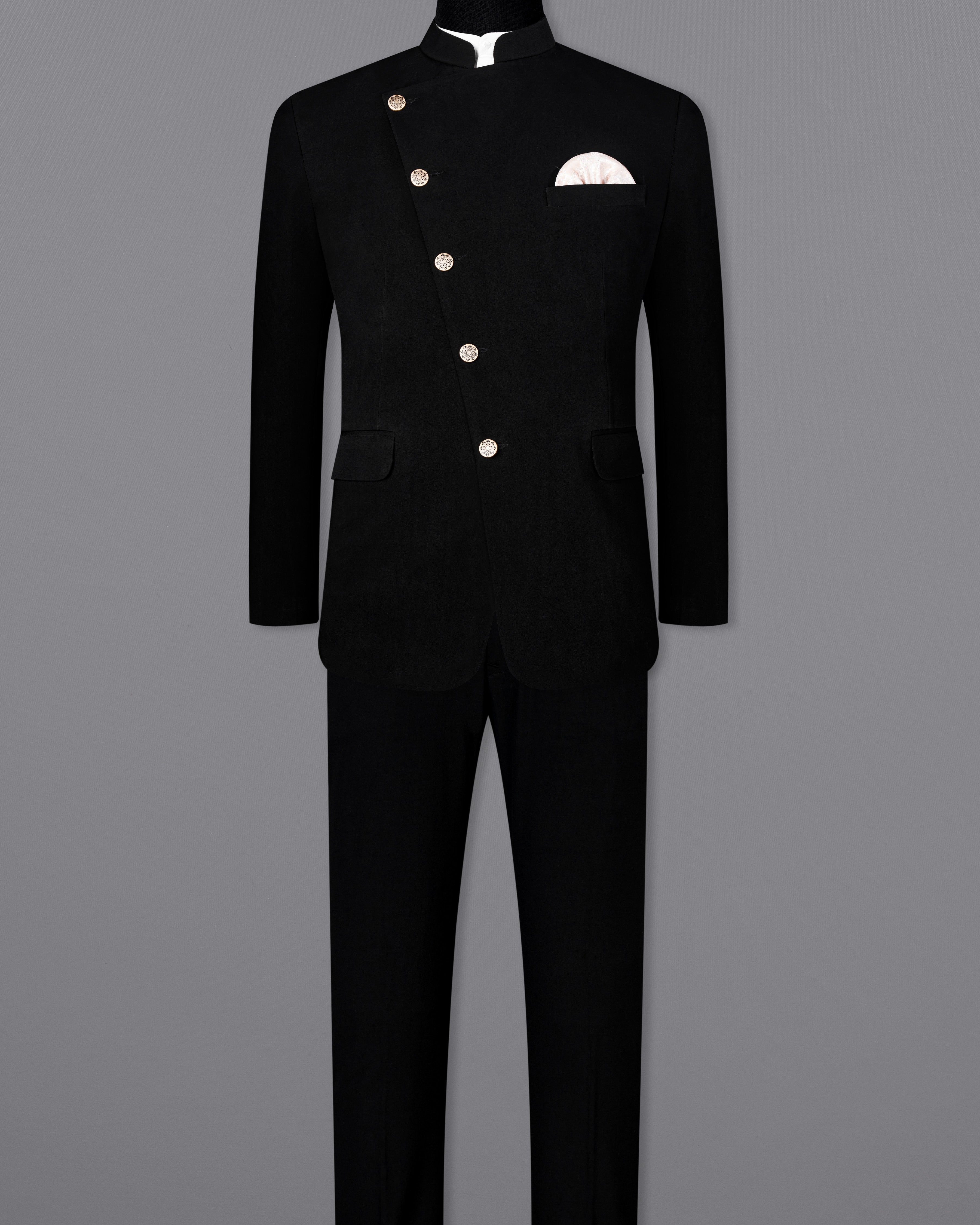 Korean Black (The Best Black We Have) Cross-Buttoned Bandhgala Suit ST2605-CBG-36, ST2605-CBG-38, ST2605-CBG-40, ST2605-CBG-42, ST2605-CBG-44, ST2605-CBG-46, ST2605-CBG-48, ST2605-CBG-50, ST2605-CBG-52, ST2605-CBG-54, ST2605-CBG-56, ST2605-CBG-58, ST2605-CBG-60