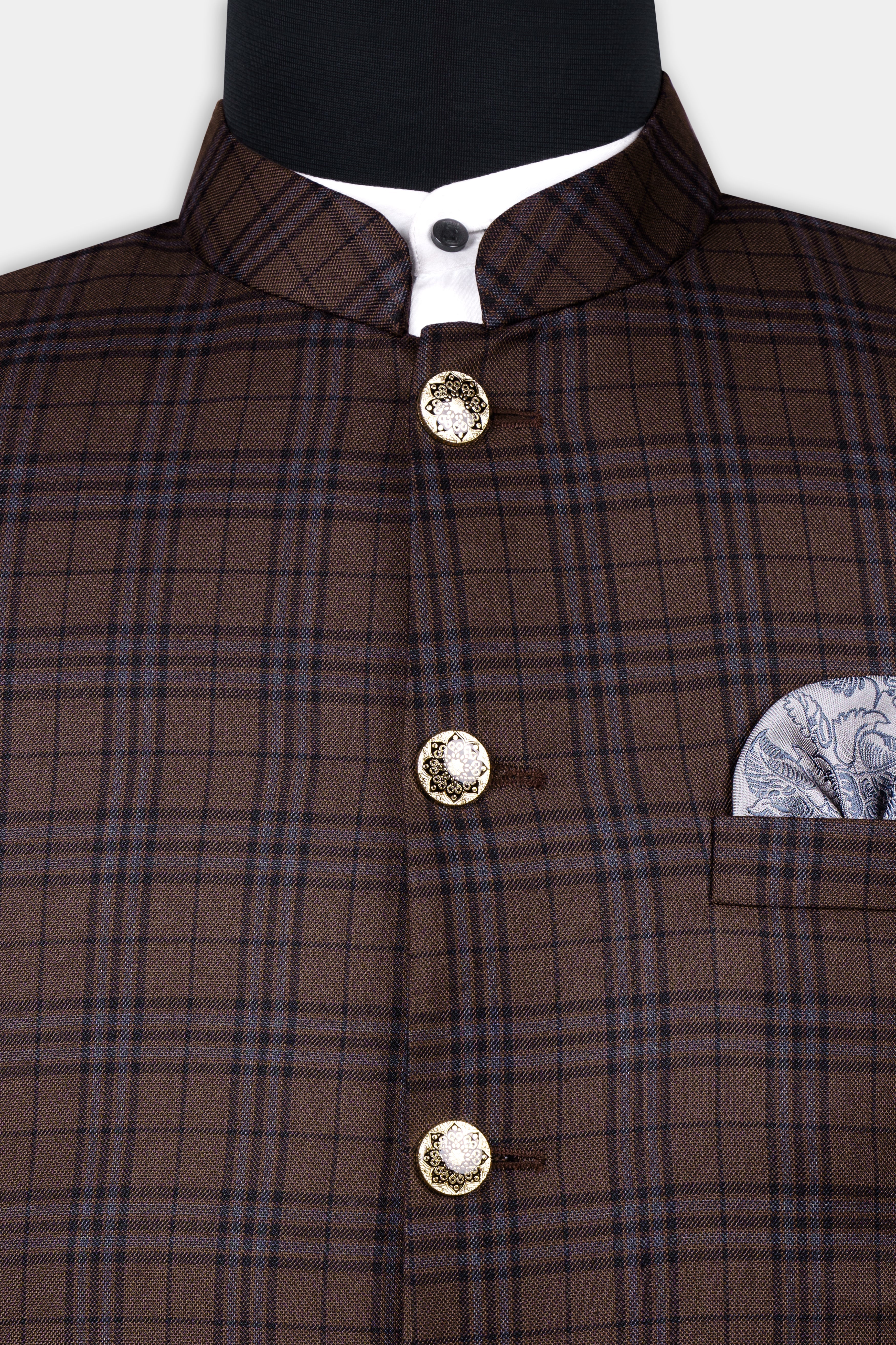 Gingerbread Brown and Haiti Blue Plaid Wool Rich Bandhgala Suit