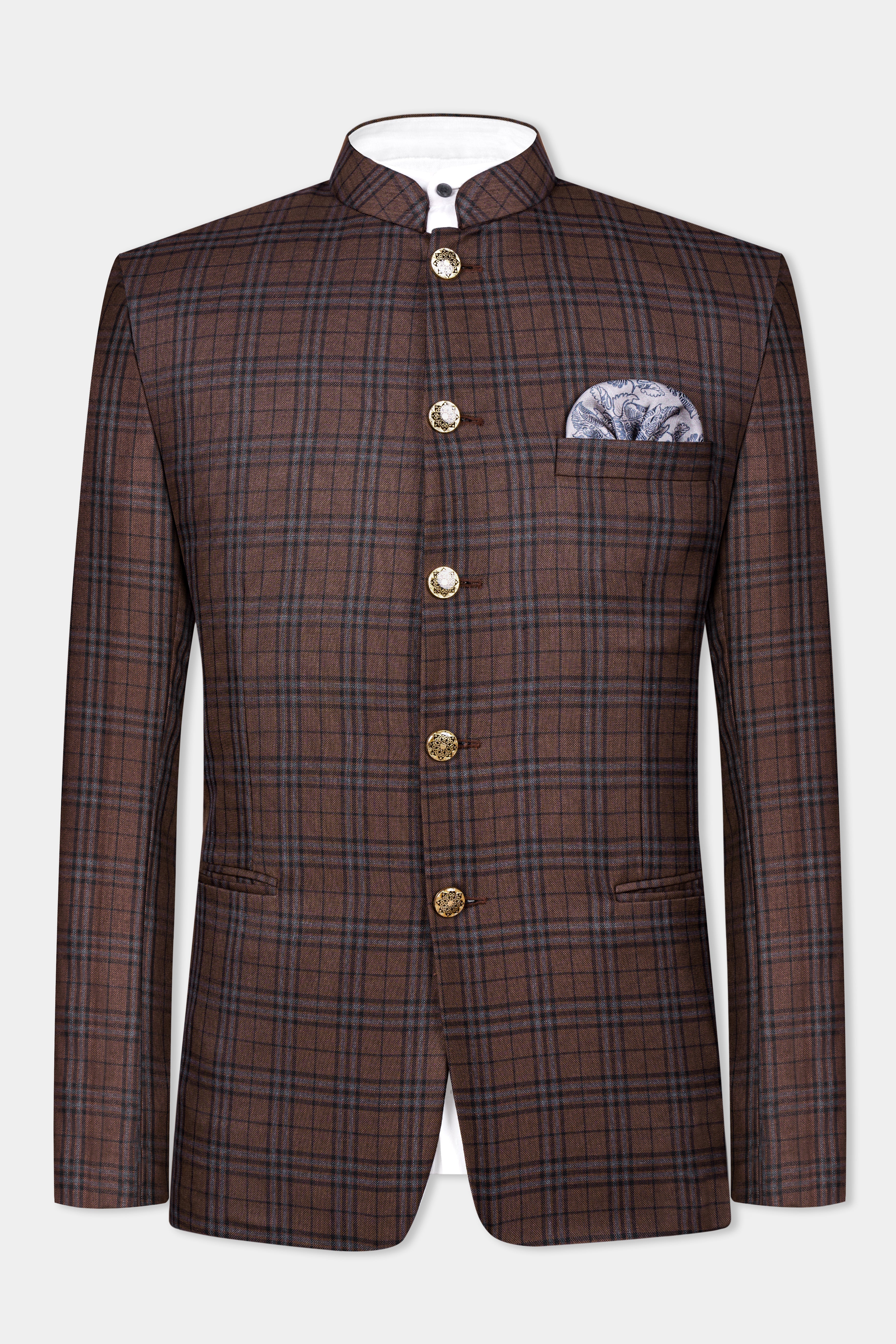 Gingerbread Brown and Haiti Blue Plaid Wool Rich Bandhgala Suit