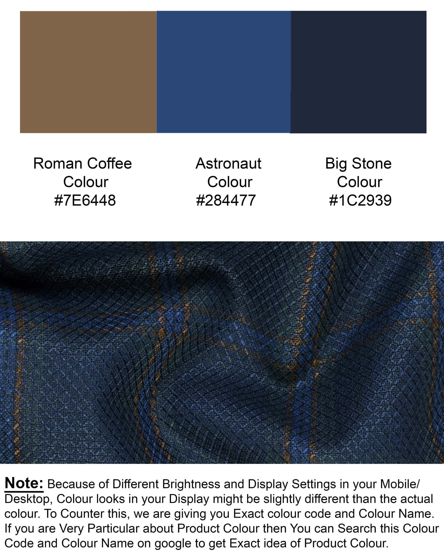 Roman Coffee with Astronaut Blue Wool Rich Windowpane Bandhgala/Mandarin Suit