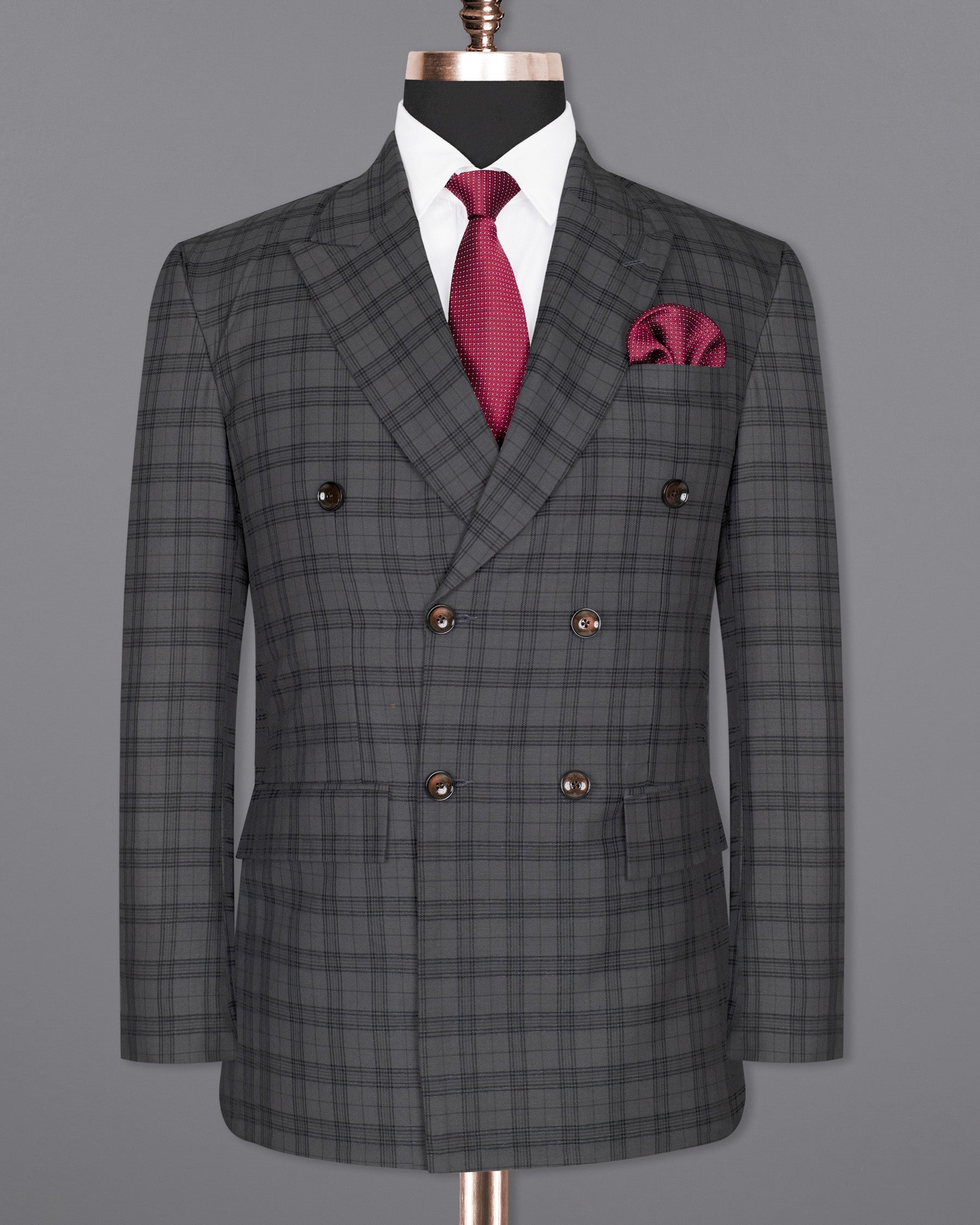 Masala Grey Plaid Double Breasted Wool Rich Suit