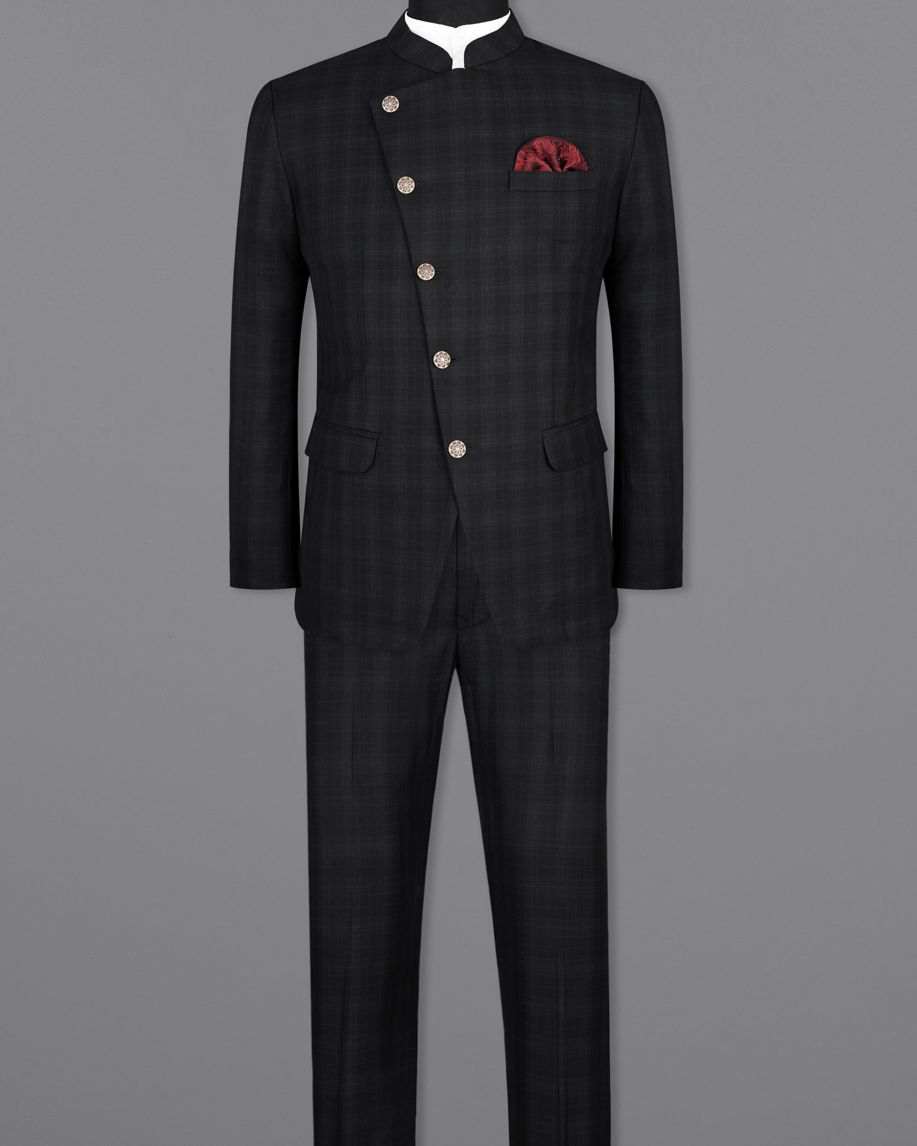 Mine Shaft Black Plaid Cross Placket Bandhgala Wool Rich Suit