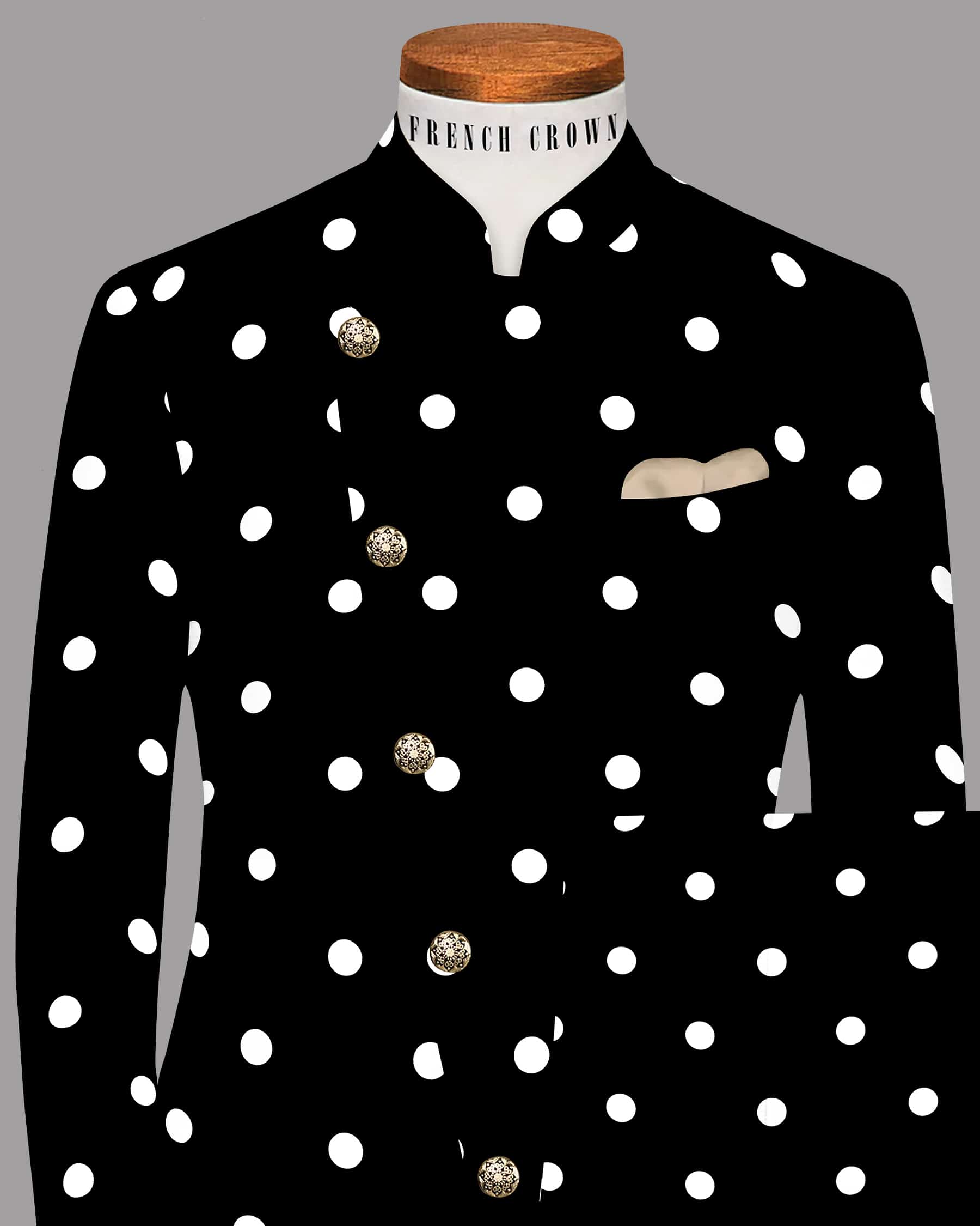 Jade Black Polka Print Cross Placket Bandhgala/Mandarin Suit