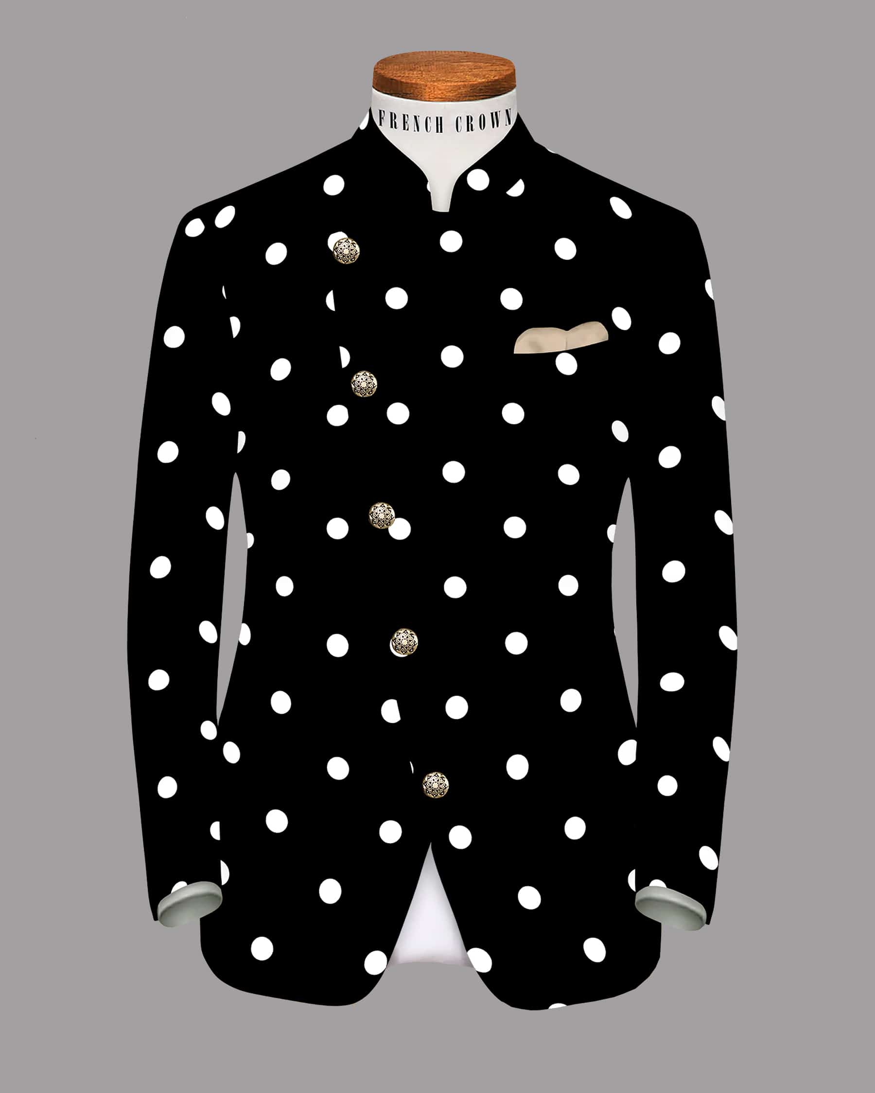 Jade Black Polka Print Cross Placket Bandhgala/Mandarin Suit