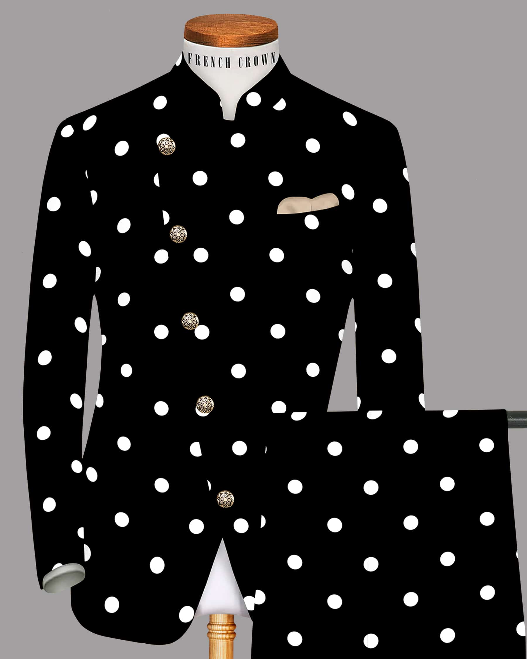 Jade Black Polka Print Cross Placket Bandhgala/Mandarin Suit