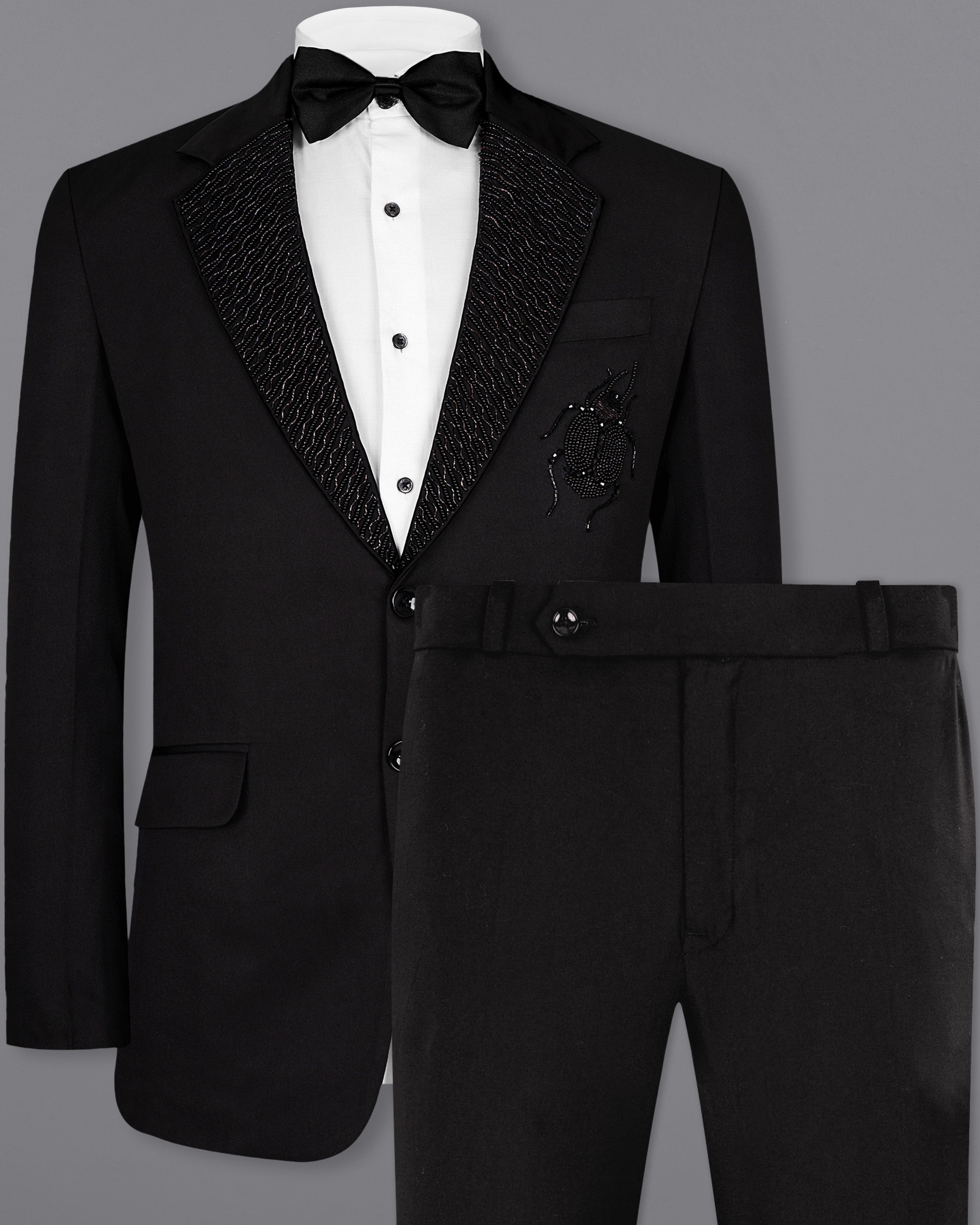 Jade Black Subtle Sheen Ladybird Patterned Wool Rich Tuxedo Suit