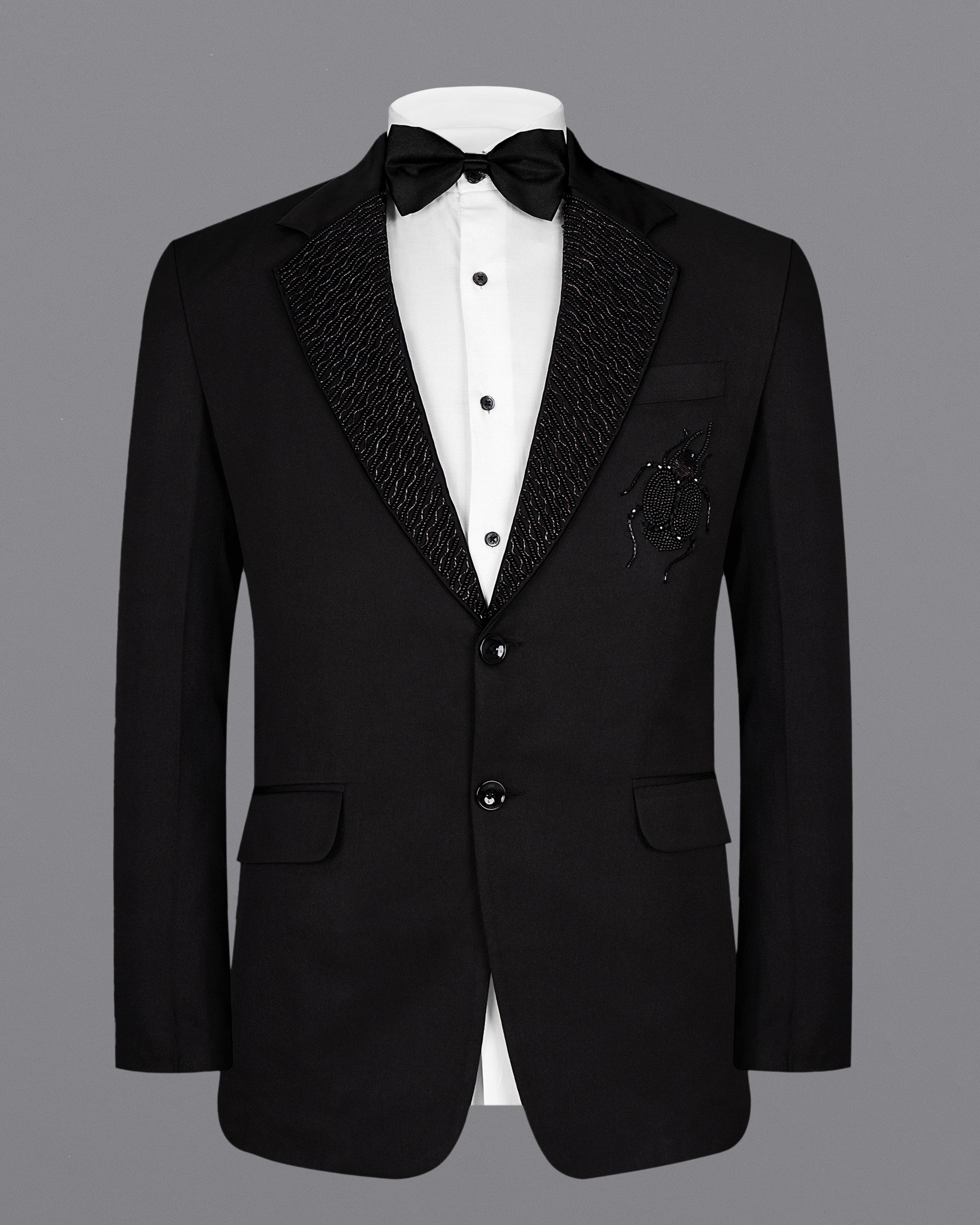 Jade Black Stretchable Subtle Sheen Ladybird Patterned Wool Rich Tuxedo Suit