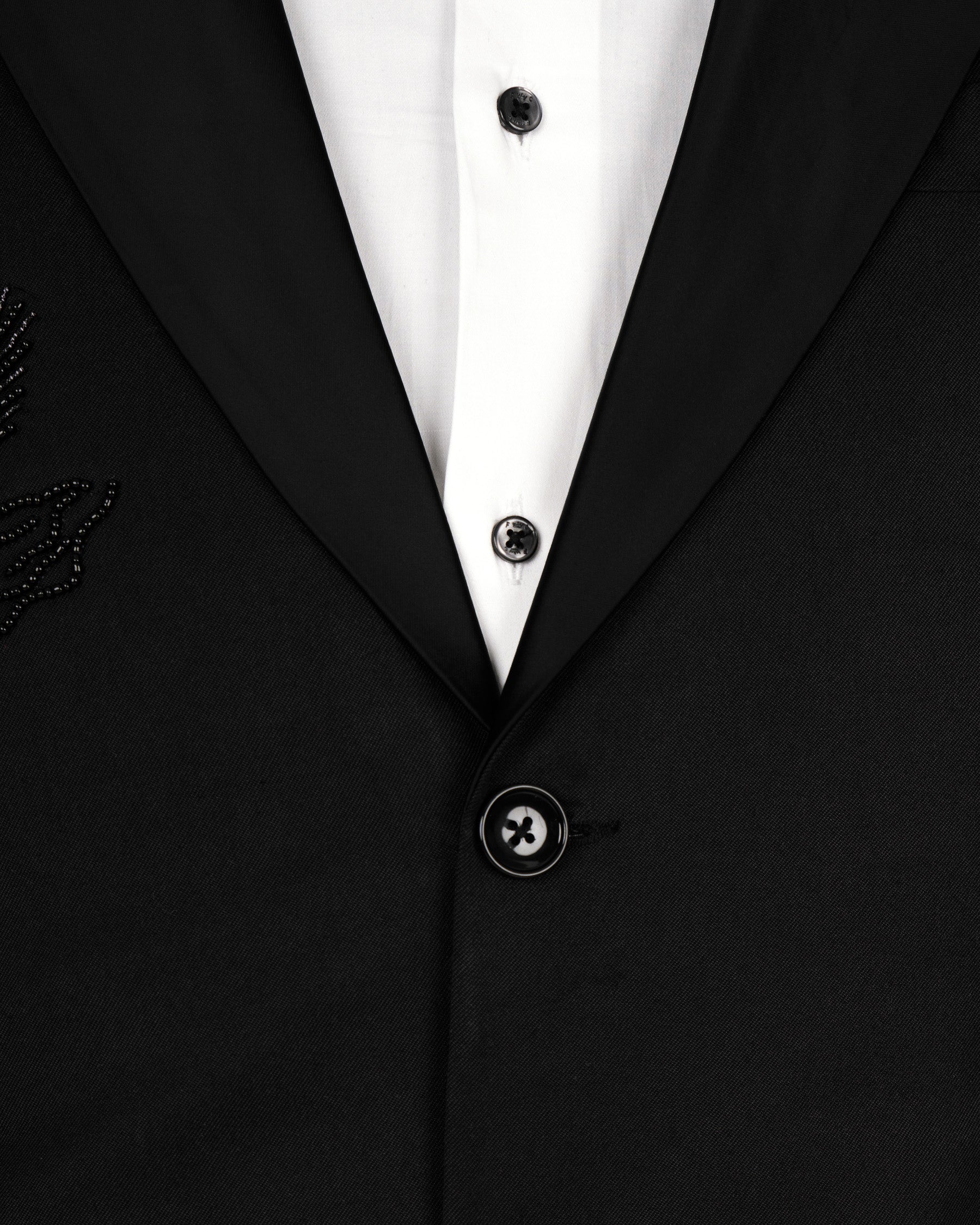 Jade Black Stretchable Subtle Sheen Pigeon Patterned Wool Rich Tuxedo Suit