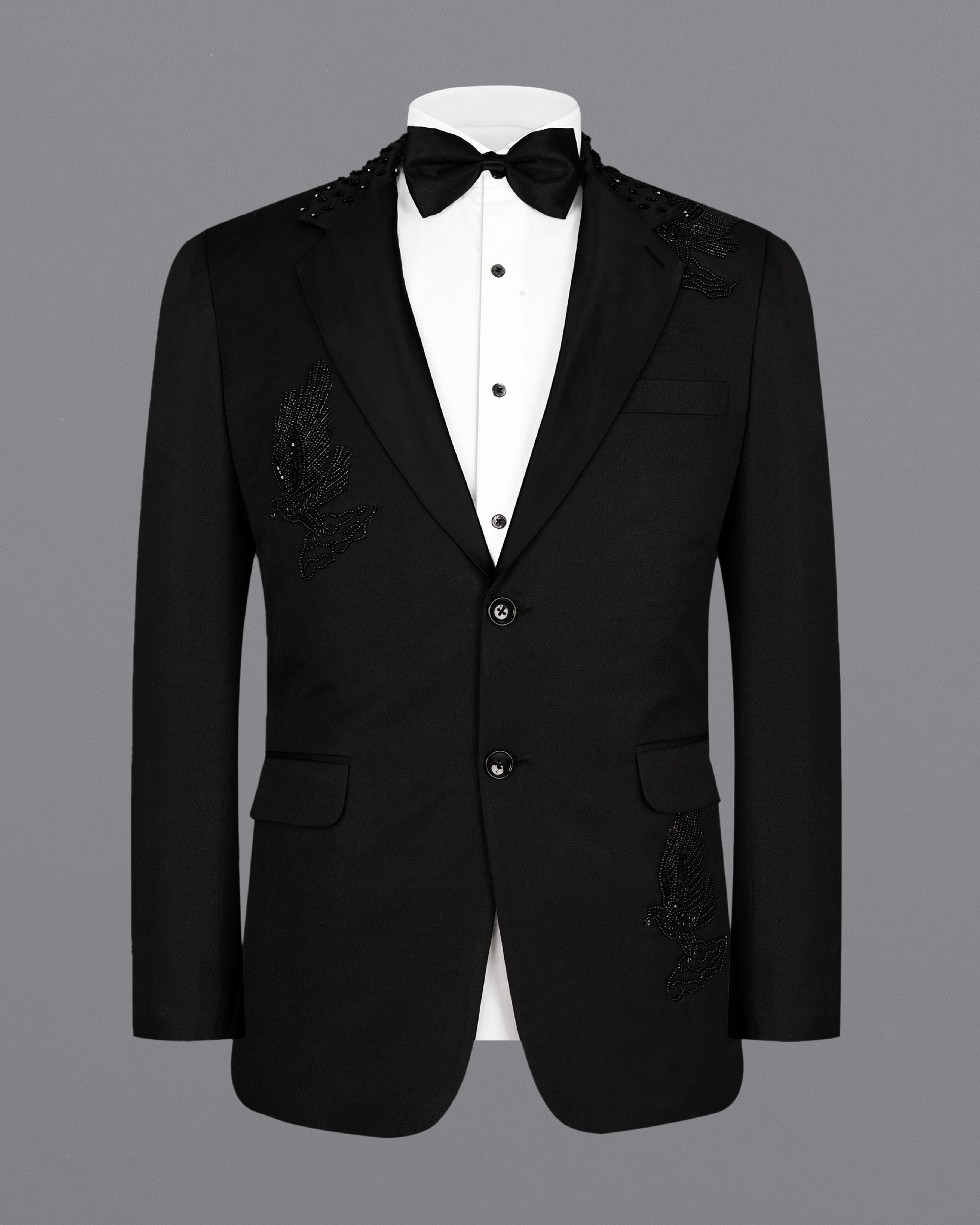 Jade Black Stretchable Subtle Sheen Pigeon Patterned Wool Rich Tuxedo Suit