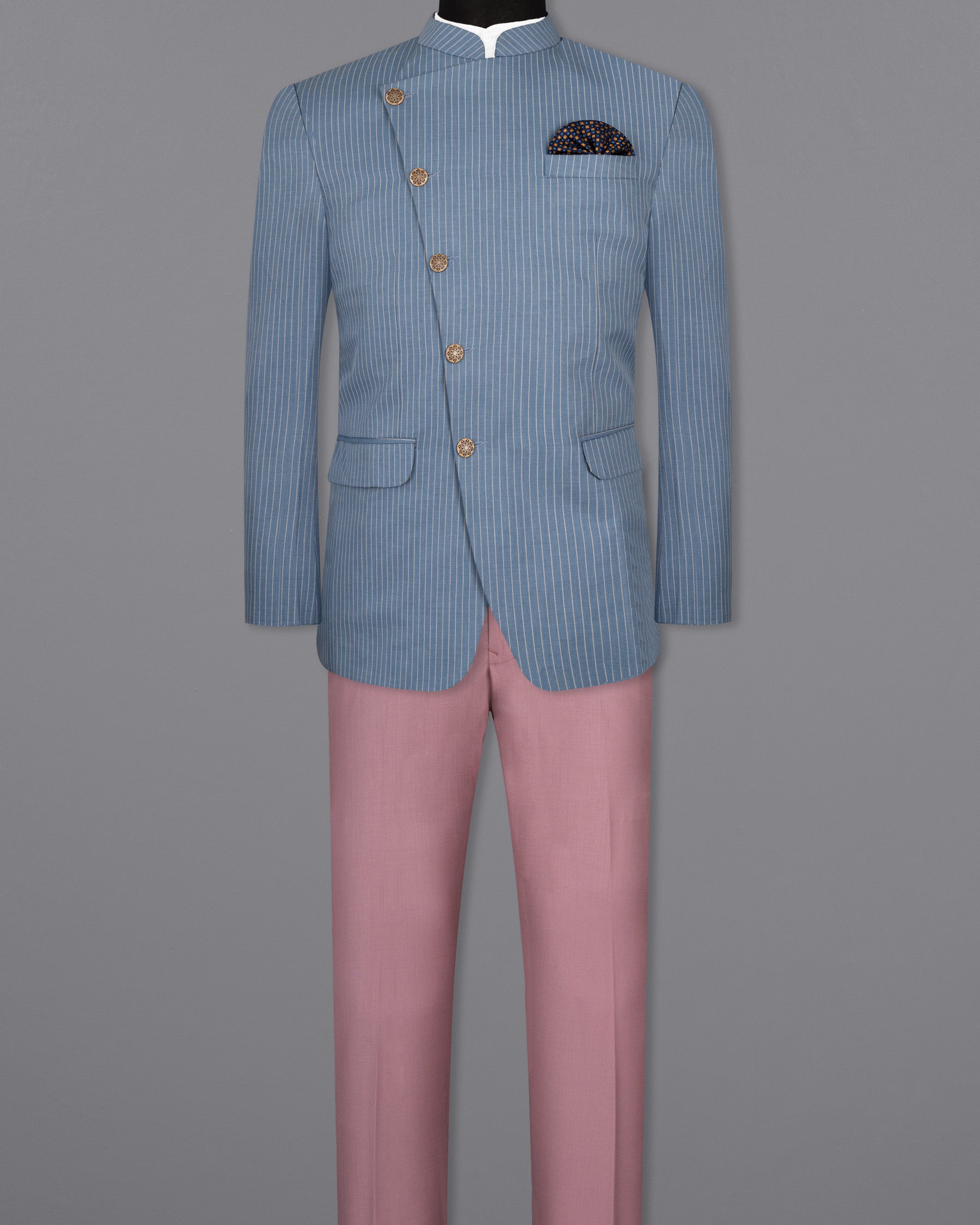 Ship Cove STue Striped Cross Buttoned Wool Rich Bandhgala Suit ST1504-CBG-36, ST1504-CBG-38, ST1504-CBG-40, ST1504-CBG-42, ST1504-CBG-44, ST1504-CBG-46, ST1504-CBG-48, ST1504-CBG-50, ST1504-CBG-52, ST1504-CBG-54, ST1504-CBG-56, ST1504-CBG-58, ST1504-CBG-60