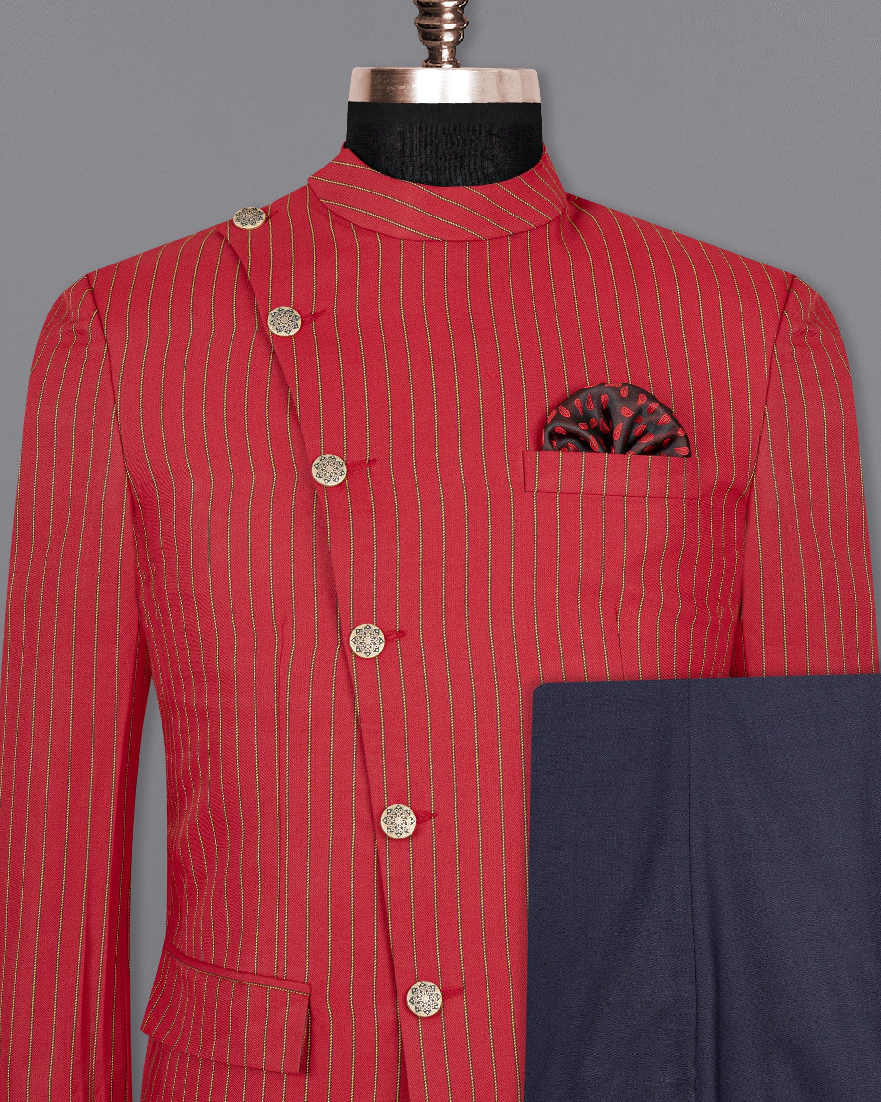 Medium Carmine Red Striped Wool Rich Cross Buttoned Bandhgala Suit ST1505-CBG2-36, ST1505-CBG2-38, ST1505-CBG2-40, ST1505-CBG2-42, ST1505-CBG2-44, ST1505-CBG2-46, ST1505-CBG2-48, ST1505-CBG2-50, ST1505-CBG2-52, ST1505-CBG2-54, ST1505-CBG2-56, ST1505-CBG2-58, ST1505-CBG2-60