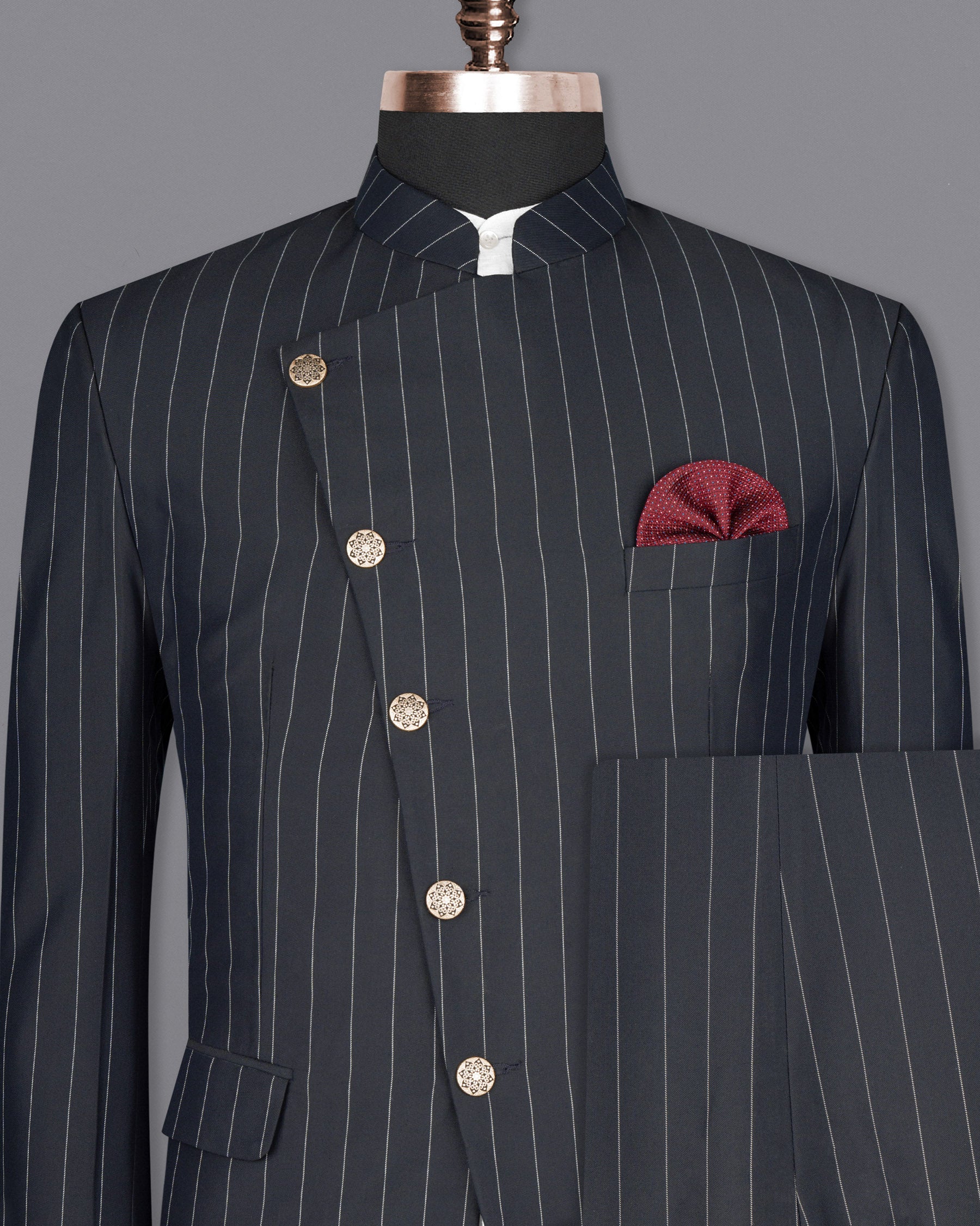 Charcoal Striped Cross Buttoned Wool Rich Bandhgala Suit ST1590-CBG-36, ST1590-CBG-38, ST1590-CBG-40, ST1590-CBG-42, ST1590-CBG-44, ST1590-CBG-46, ST1590-CBG-48, ST1590-CBG-50, ST1590-CBG-52, ST1590-CBG-54, ST1590-CBG-56, ST1590-CBG-58, ST1590-CBG-60