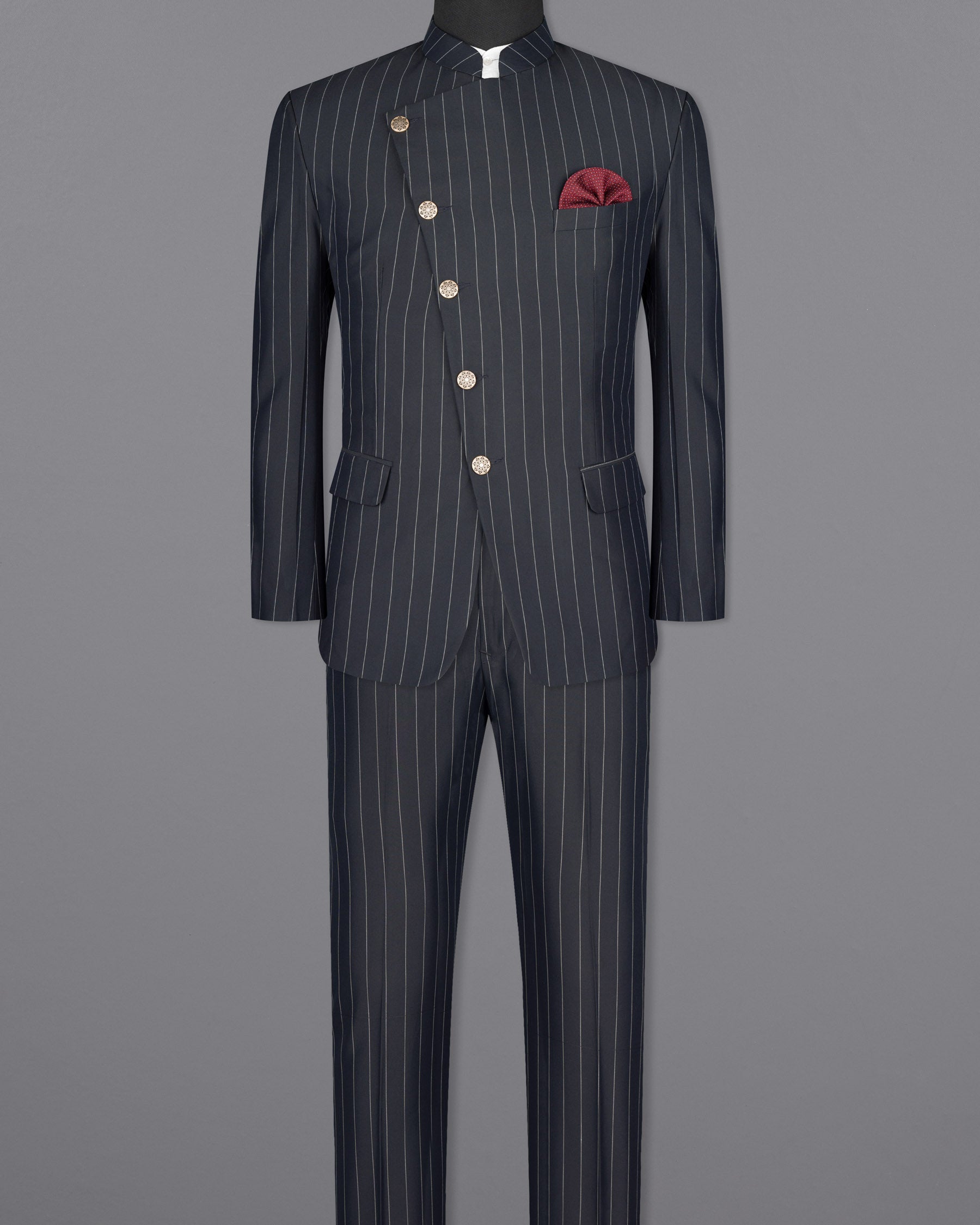 Charcoal Striped Cross Buttoned Wool Rich Bandhgala Suit ST1590-CBG-36, ST1590-CBG-38, ST1590-CBG-40, ST1590-CBG-42, ST1590-CBG-44, ST1590-CBG-46, ST1590-CBG-48, ST1590-CBG-50, ST1590-CBG-52, ST1590-CBG-54, ST1590-CBG-56, ST1590-CBG-58, ST1590-CBG-60