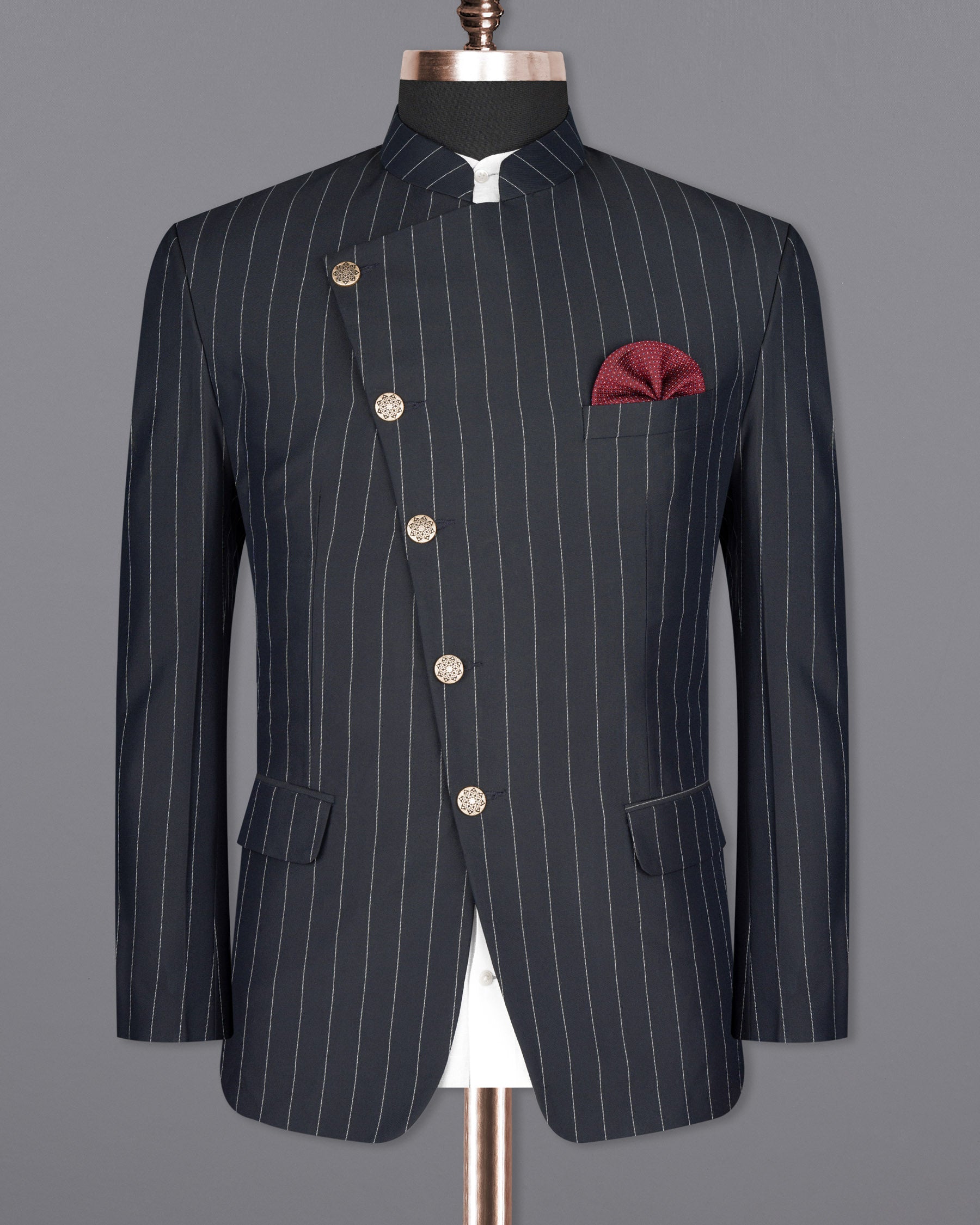 Charcoal Striped Cross Buttoned Wool Rich Bandhgala Suit ST1590-CBG-36, ST1590-CBG-38, ST1590-CBG-40, ST1590-CBG-42, ST1590-CBG-44, ST1590-CBG-46, ST1590-CBG-48, ST1590-CBG-50, ST1590-CBG-52, ST1590-CBG-54, ST1590-CBG-56, ST1590-CBG-58, ST1590-CBG-60