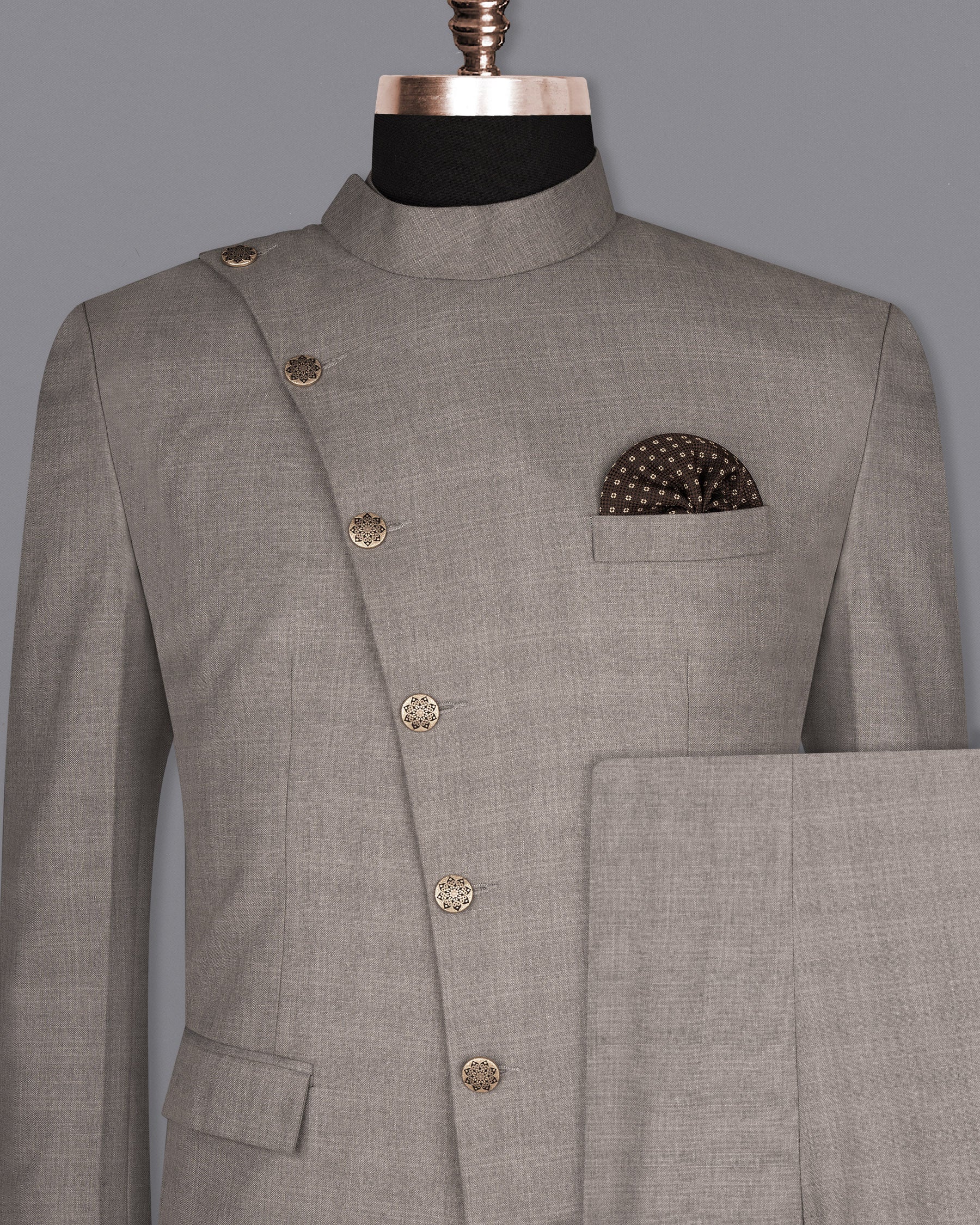 Venus Gray Subtle Plaid Cross Buttoned Wool Rich Bandhgala Suit ST1595-CBG2-36, ST1595-CBG2-38, ST1595-CBG2-40, ST1595-CBG2-42, ST1595-CBG2-44, ST1595-CBG2-46, ST1595-CBG2-48, ST1595-CBG2-50, ST1595-CBG2-52, ST1595-CBG2-54, ST1595-CBG2-56, ST1595-CBG2-58, ST1595-CBG2-60