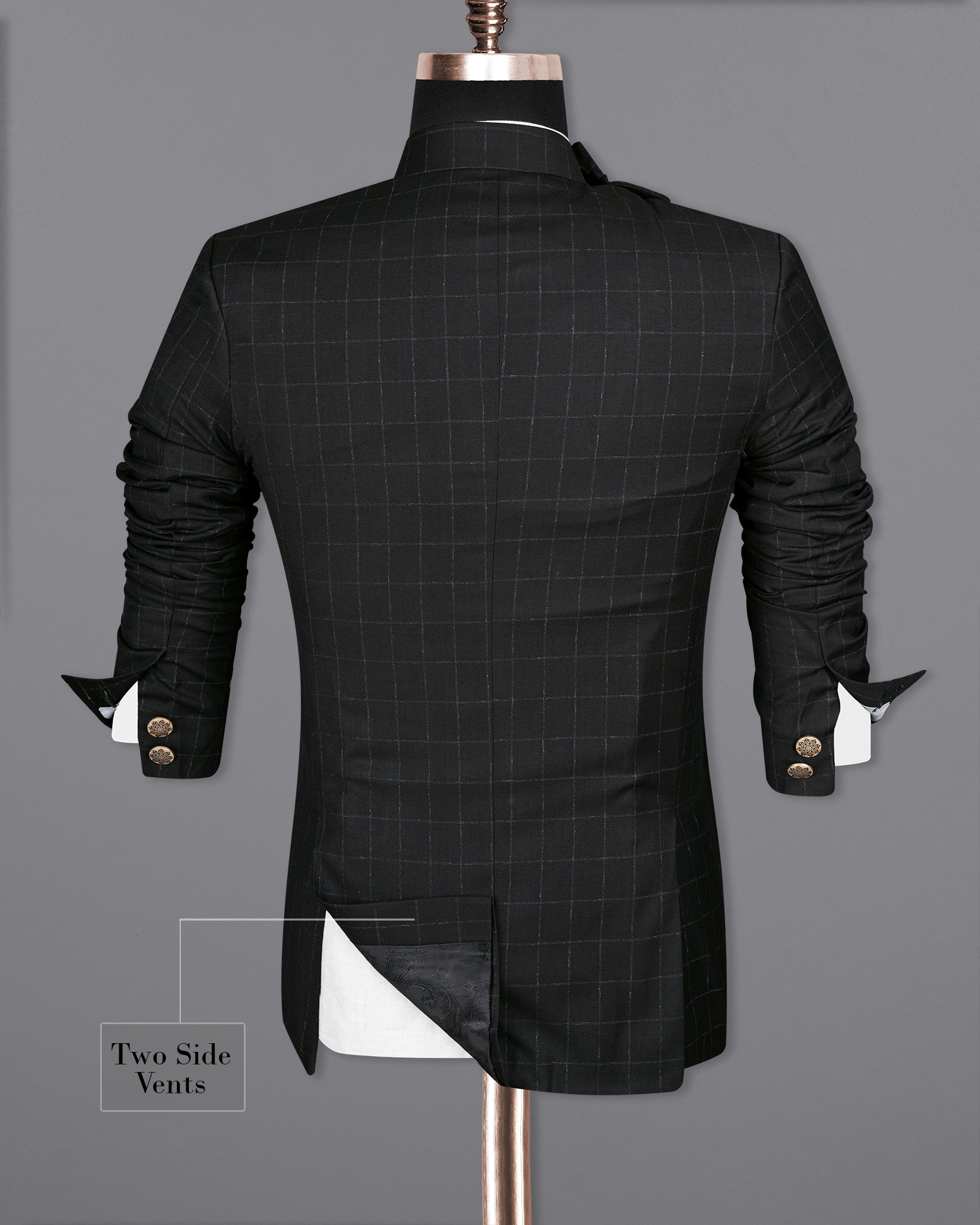 Log Cabin Black Super fine  Windowpane Cross Placket Wool Rich Bandhgala Suit