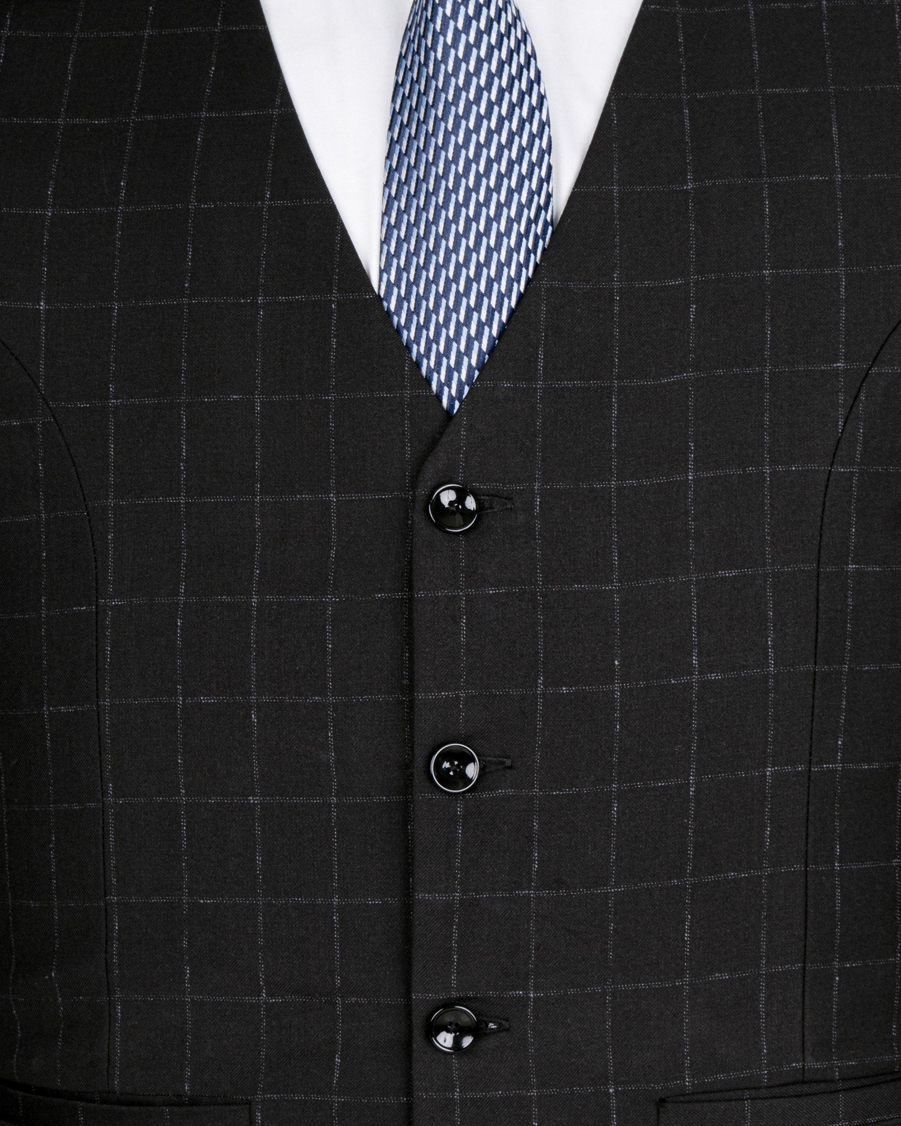 Log Cabin Black Super fine  Windowpane Cross Placket Wool Rich Bandhgala Suit