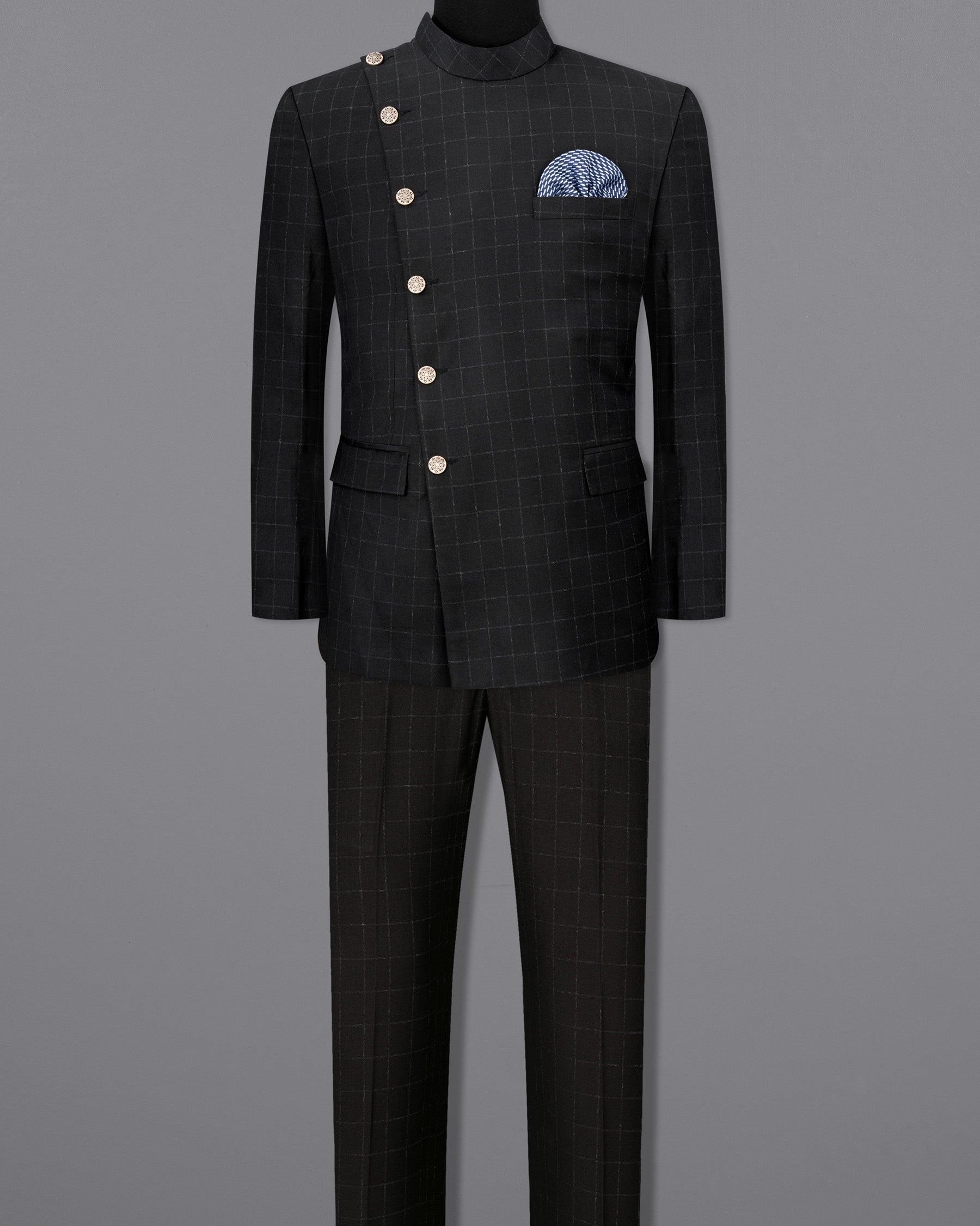 Log Cabin Black Super fine  Windowpane Cross Placket Wool Rich Bandhgala Suit