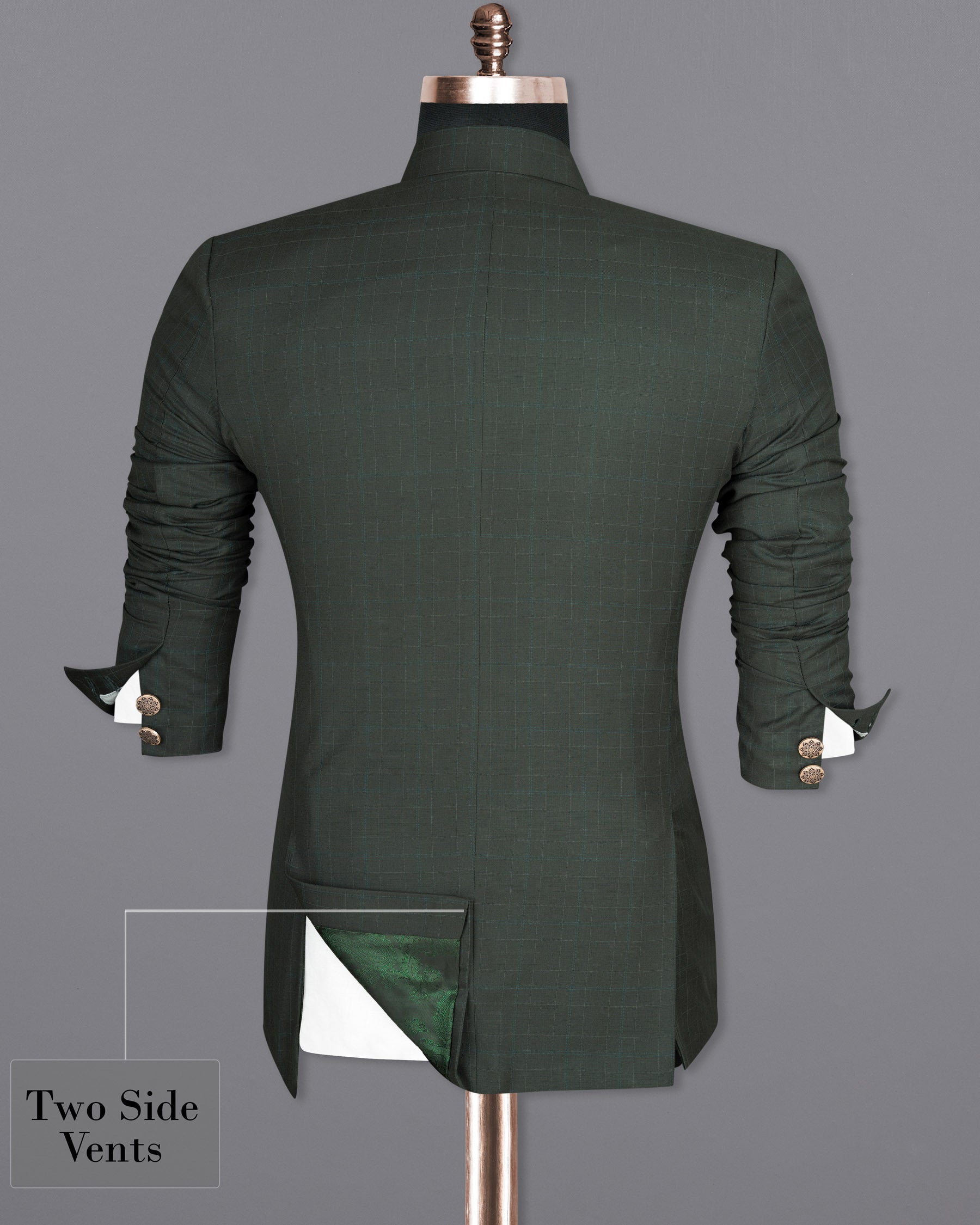 Dune Green Super fine Plaid Woolrich Cross buttoned Bandhgala Suit ST1627-CBG2-36, ST1627-CBG2-38, ST1627-CBG2-40, ST1627-CBG2-42, ST1627-CBG2-44, ST1627-CBG2-46, ST1627-CBG2-48, ST1627-CBG2-50, ST1627-CBG2-52, ST1627-CBG2-54, ST1627-CBG2-56, ST1627-CBG2-58, ST1627-CBG2-60