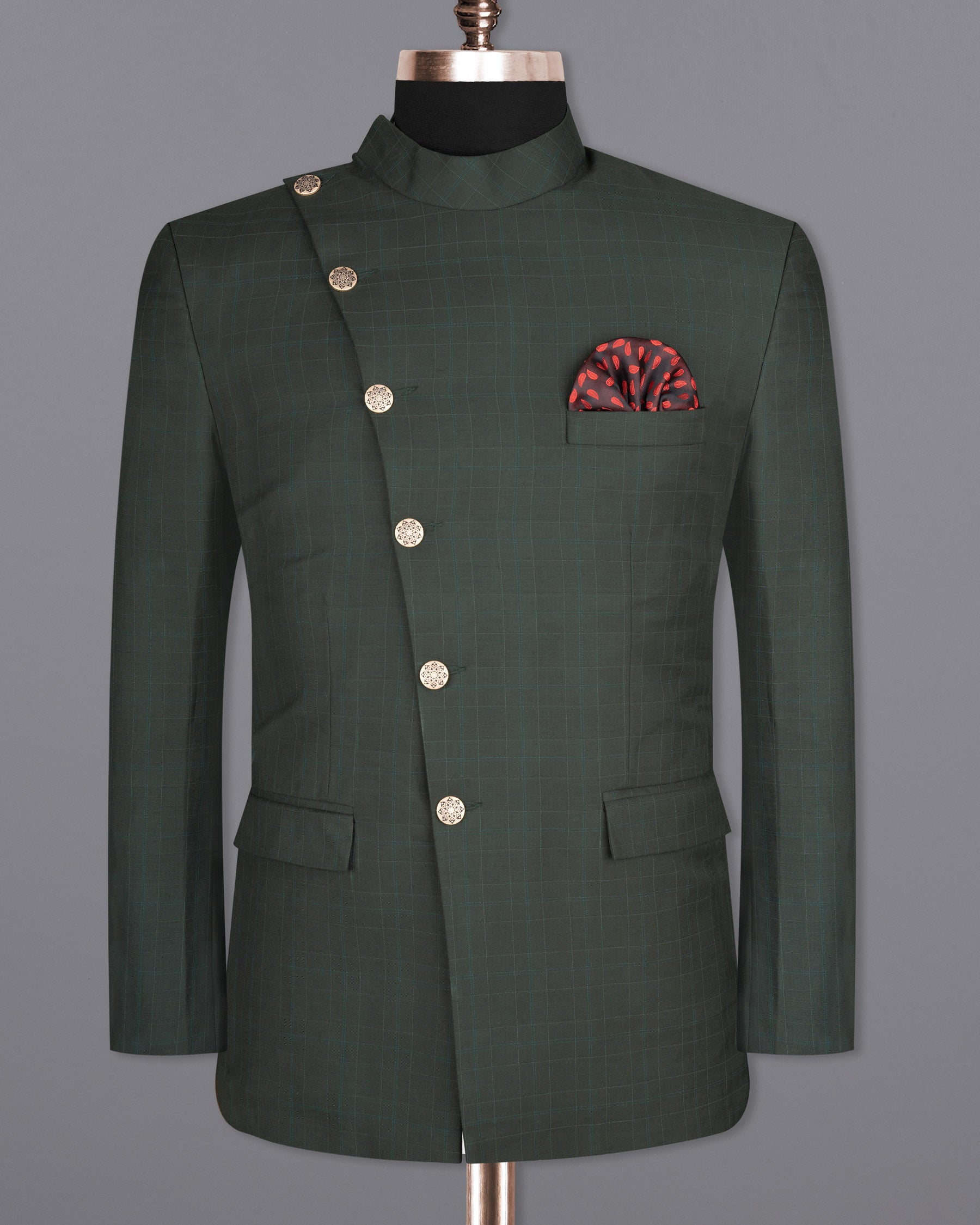 Dune Green Super fine Plaid Woolrich Cross buttoned Bandhgala Suit ST1627-CBG2-36, ST1627-CBG2-38, ST1627-CBG2-40, ST1627-CBG2-42, ST1627-CBG2-44, ST1627-CBG2-46, ST1627-CBG2-48, ST1627-CBG2-50, ST1627-CBG2-52, ST1627-CBG2-54, ST1627-CBG2-56, ST1627-CBG2-58, ST1627-CBG2-60