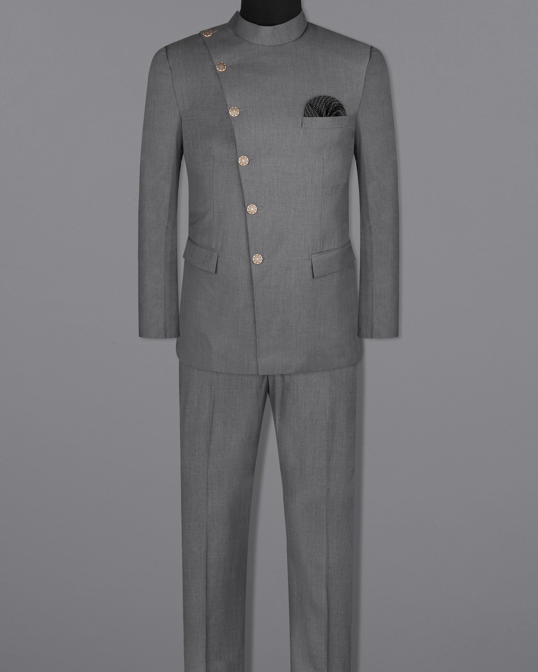 Storm Dust Grey Woolrich Cross buttoned Bandhgala Suit ST1631-CBG2-36, ST1631-CBG2-38, ST1631-CBG2-40, ST1631-CBG2-42, ST1631-CBG2-44, ST1631-CBG2-46, ST1631-CBG2-48, ST1631-CBG2-50, ST1631-CBG2-52, ST1631-CBG2-54, ST1631-CBG2-56, ST1631-CBG2-58, ST1631-CBG2-60