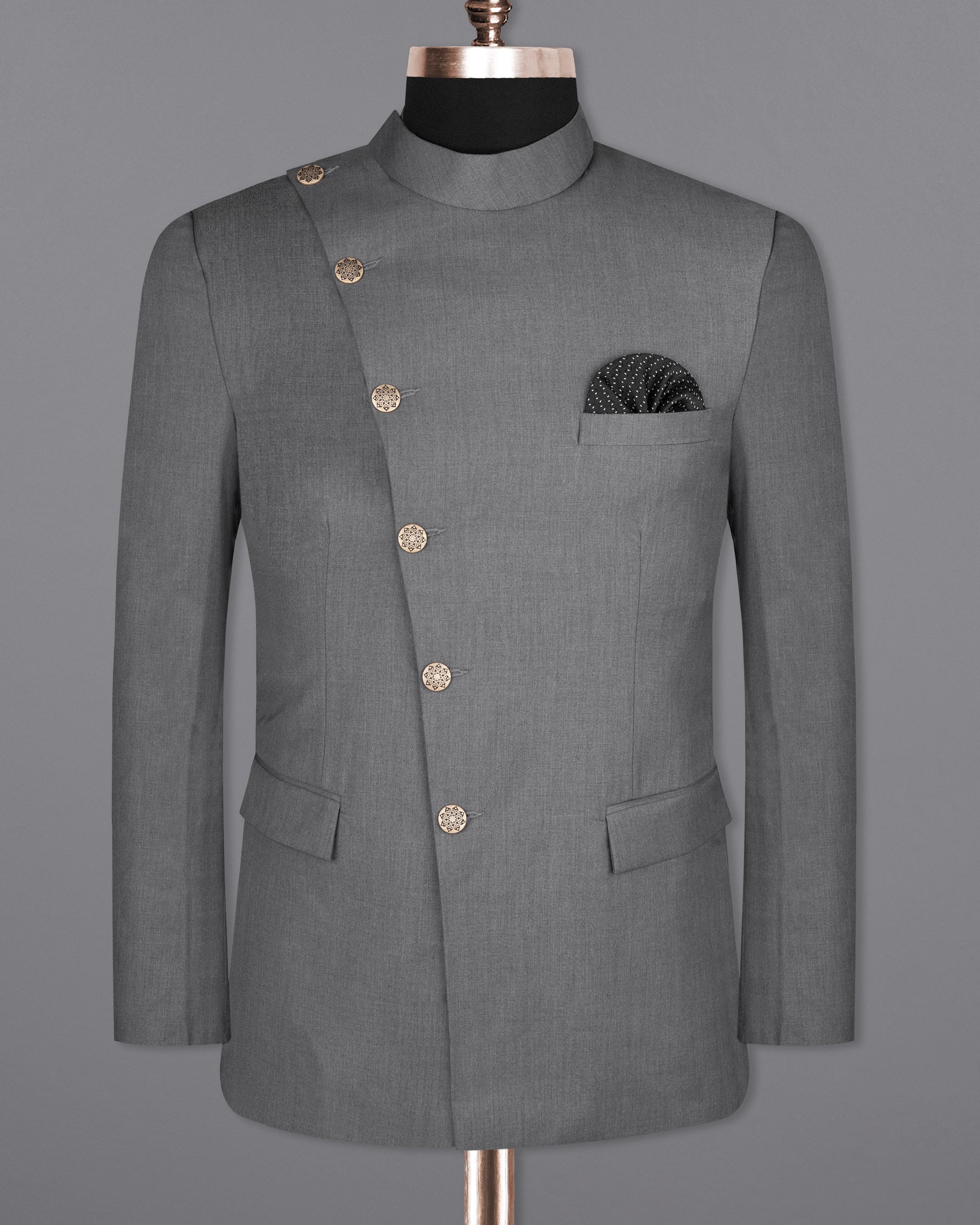 Storm Dust Grey Woolrich Cross buttoned Bandhgala Suit ST1631-CBG2-36, ST1631-CBG2-38, ST1631-CBG2-40, ST1631-CBG2-42, ST1631-CBG2-44, ST1631-CBG2-46, ST1631-CBG2-48, ST1631-CBG2-50, ST1631-CBG2-52, ST1631-CBG2-54, ST1631-CBG2-56, ST1631-CBG2-58, ST1631-CBG2-60