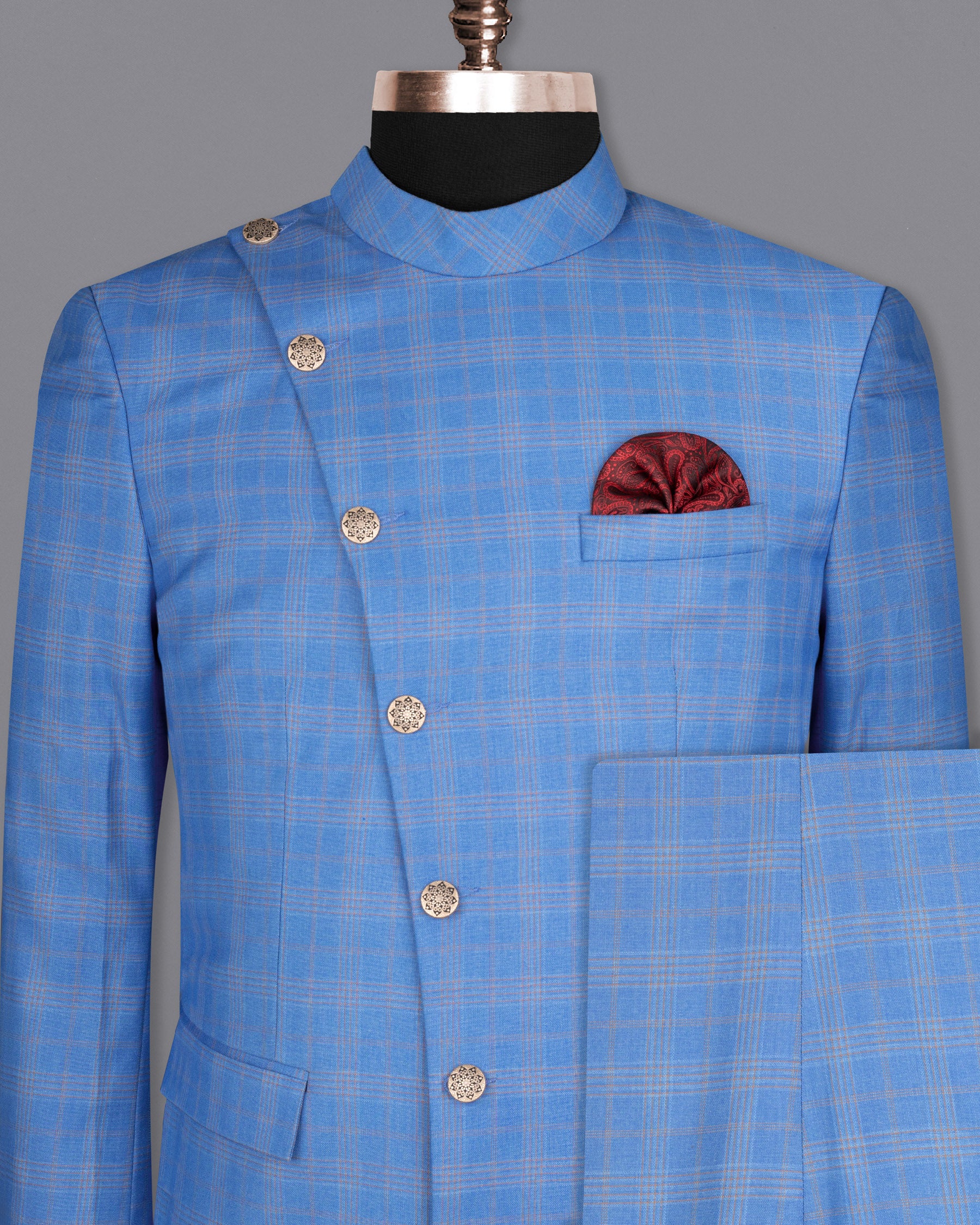 Jordy Blue Plaid Woolrich Cross buttoned Bandhgala Suit ST1636-CBG2-36, ST1636-CBG2-38, ST1636-CBG2-40, ST1636-CBG2-42, ST1636-CBG2-44, ST1636-CBG2-46, ST1636-CBG2-48, ST1636-CBG2-50, ST1636-CBG2-52, ST1636-CBG2-54, ST1636-CBG2-56, ST1636-CBG2-58, ST1636-CBG2-60