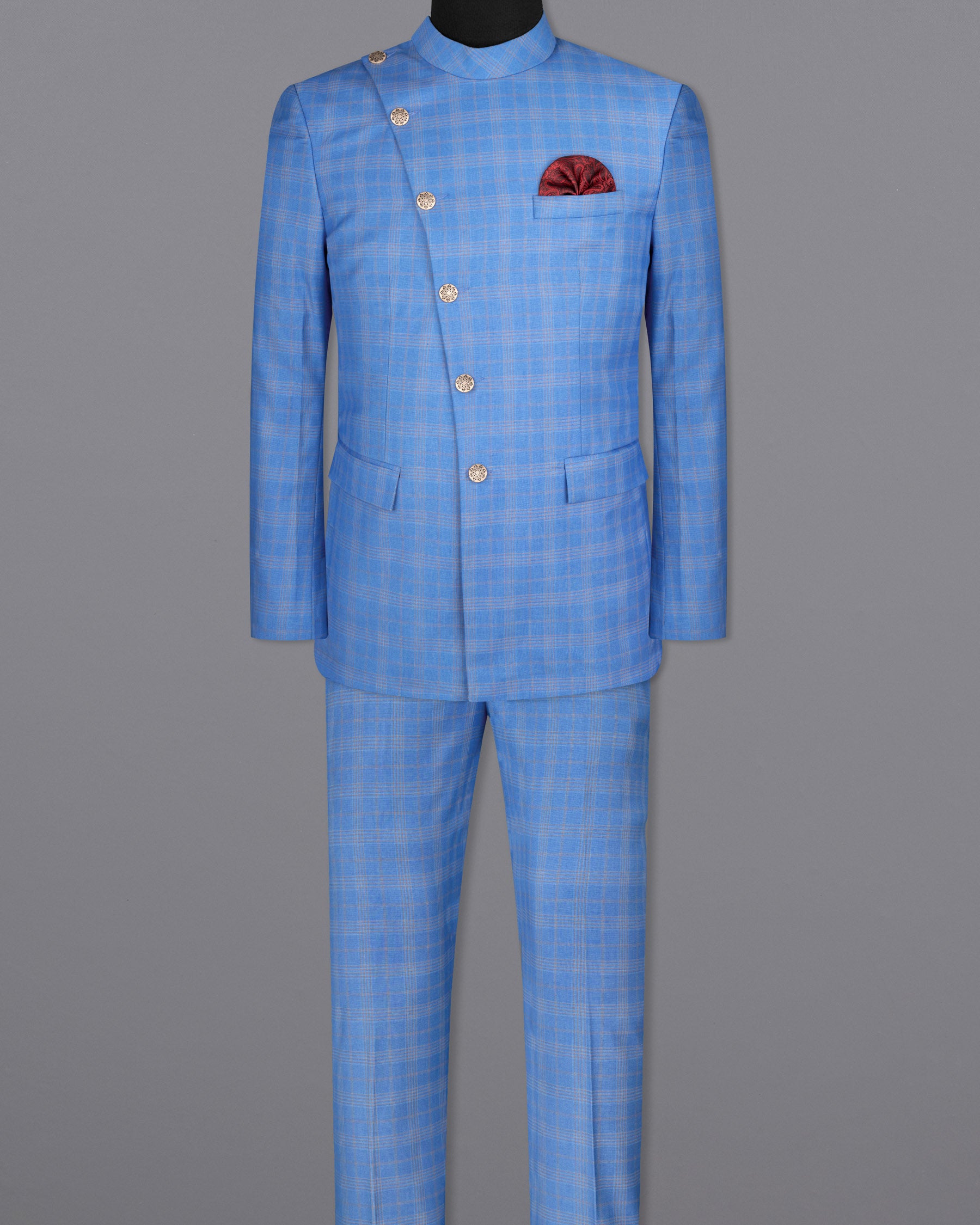 Jordy Blue Plaid Woolrich Cross buttoned Bandhgala Suit ST1636-CBG2-36, ST1636-CBG2-38, ST1636-CBG2-40, ST1636-CBG2-42, ST1636-CBG2-44, ST1636-CBG2-46, ST1636-CBG2-48, ST1636-CBG2-50, ST1636-CBG2-52, ST1636-CBG2-54, ST1636-CBG2-56, ST1636-CBG2-58, ST1636-CBG2-60