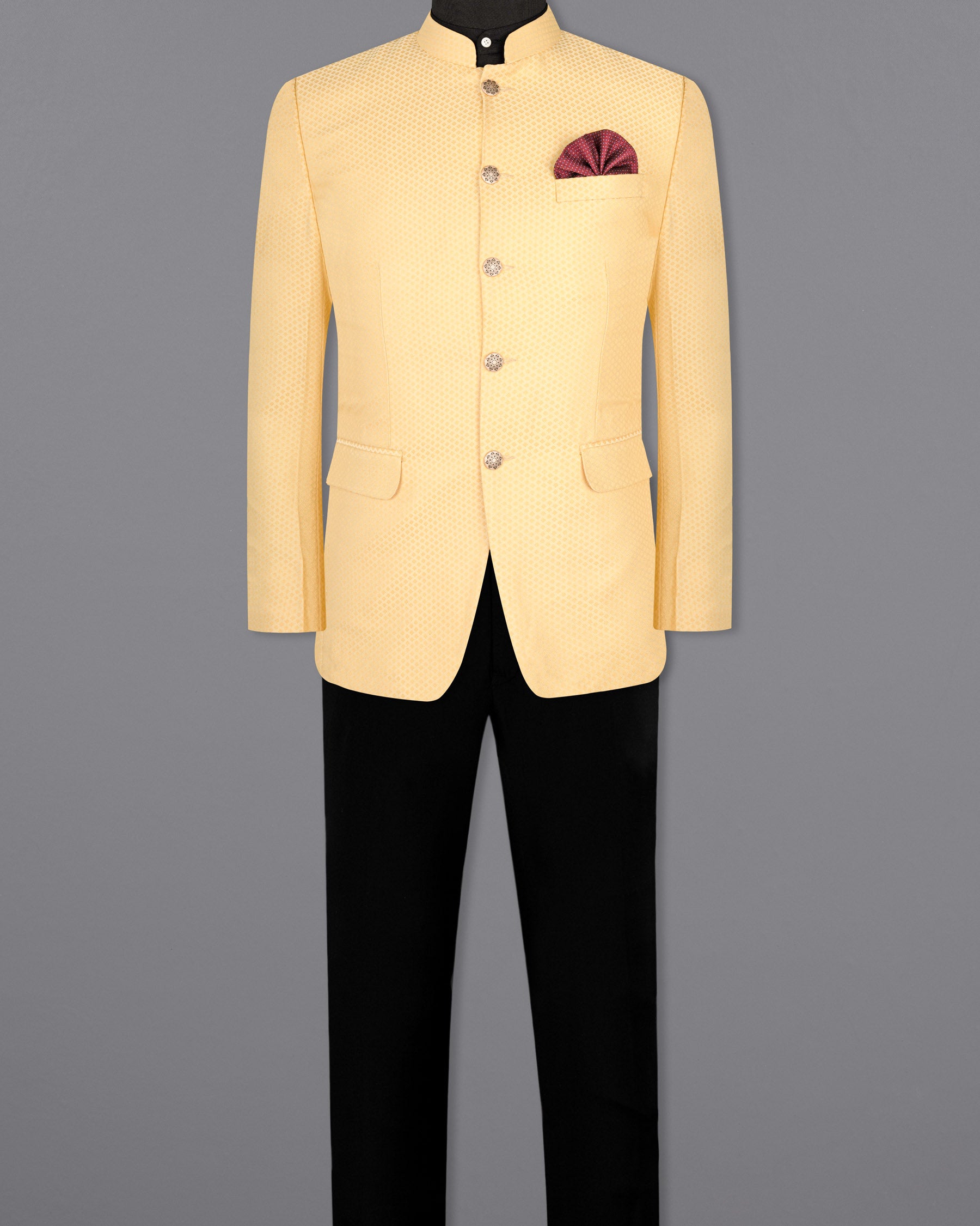 Marzipan Yellow Textured Bandhgala Designer Suit ST1651-BG-36, ST1651-BG-38, ST1651-BG-40, ST1651-BG-42, ST1651-BG-44, ST1651-BG-46, ST1651-BG-48, ST1651-BG-50, ST1651-BG-52, ST1651-BG-54, ST1651-BG-56, ST1651-BG-58, ST1651-BG-60